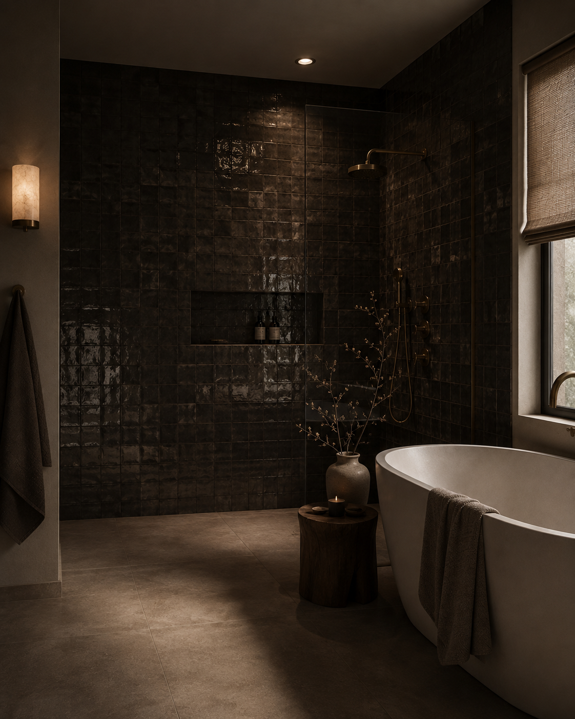 Modern bathroom with black tiled shower area, white bathtub, wooden side table with a vase and dried branches, and beige floor tiles. A window with a roller shade, wall-mounted light fixture, and a towel hanging on the wall.