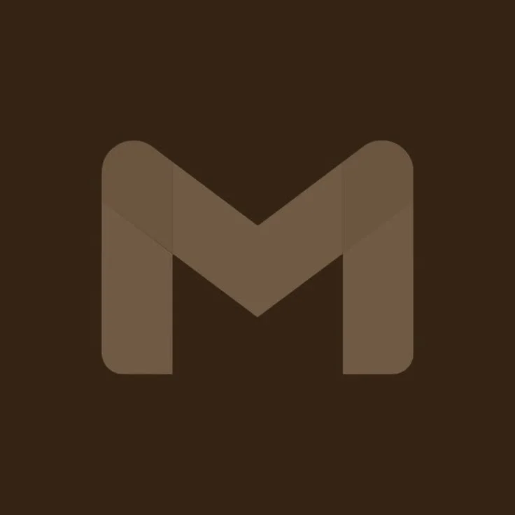 Logo with a stylized letter 'M' in brown, on a dark brown background.