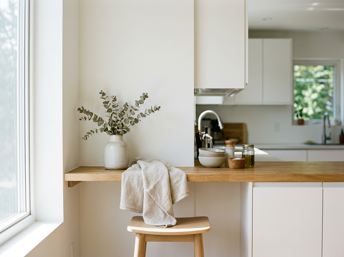 A minimalist kitchen with a wooden countertop, white cabinets, and a window with greenery outside. A vase with eucalyptus and a towel are on the counter, along with bowls, jars, and a wooden container.