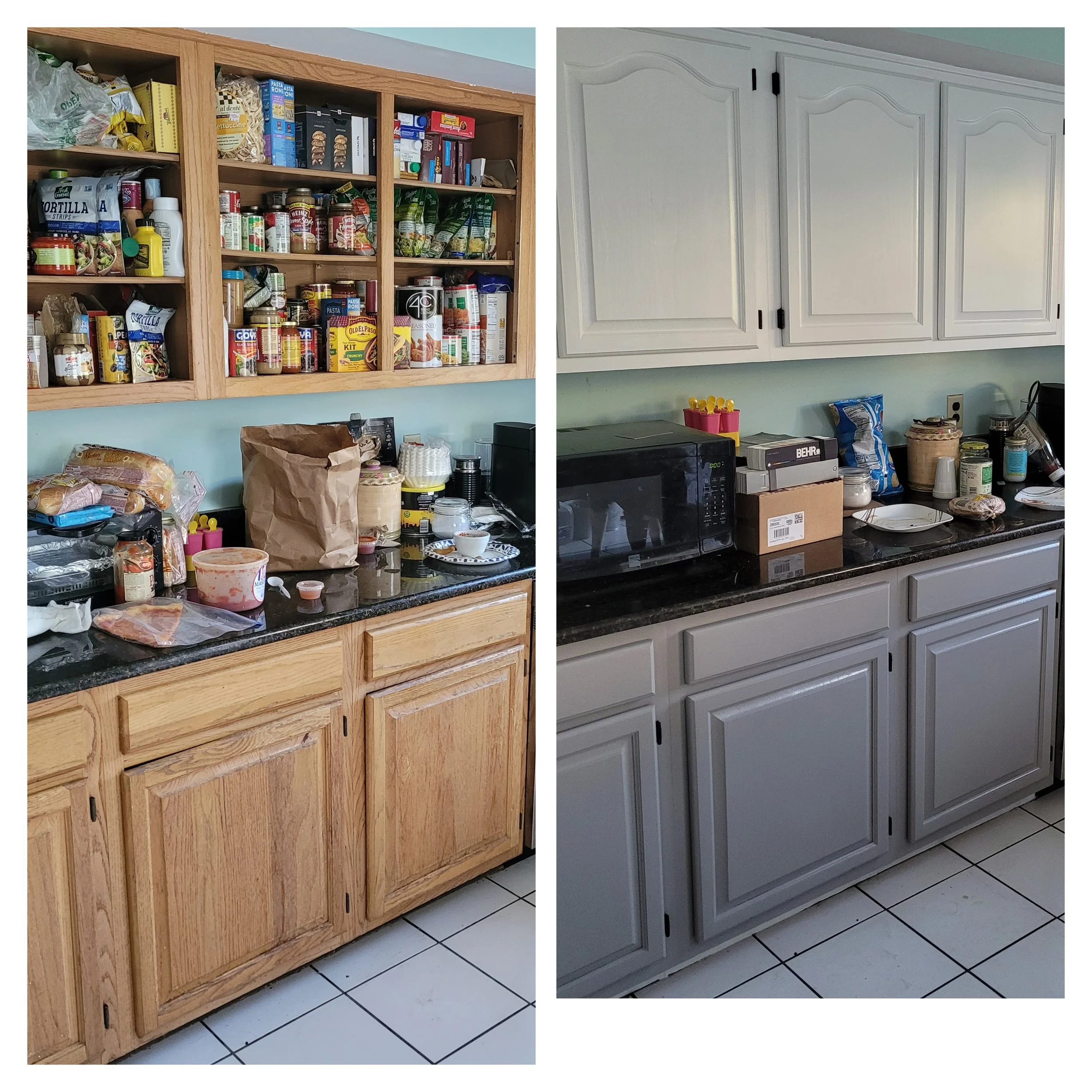 Kitchen cabinets refinished in Benjamin Moore Simply White. Doors removed brushed — Warwick, NY.