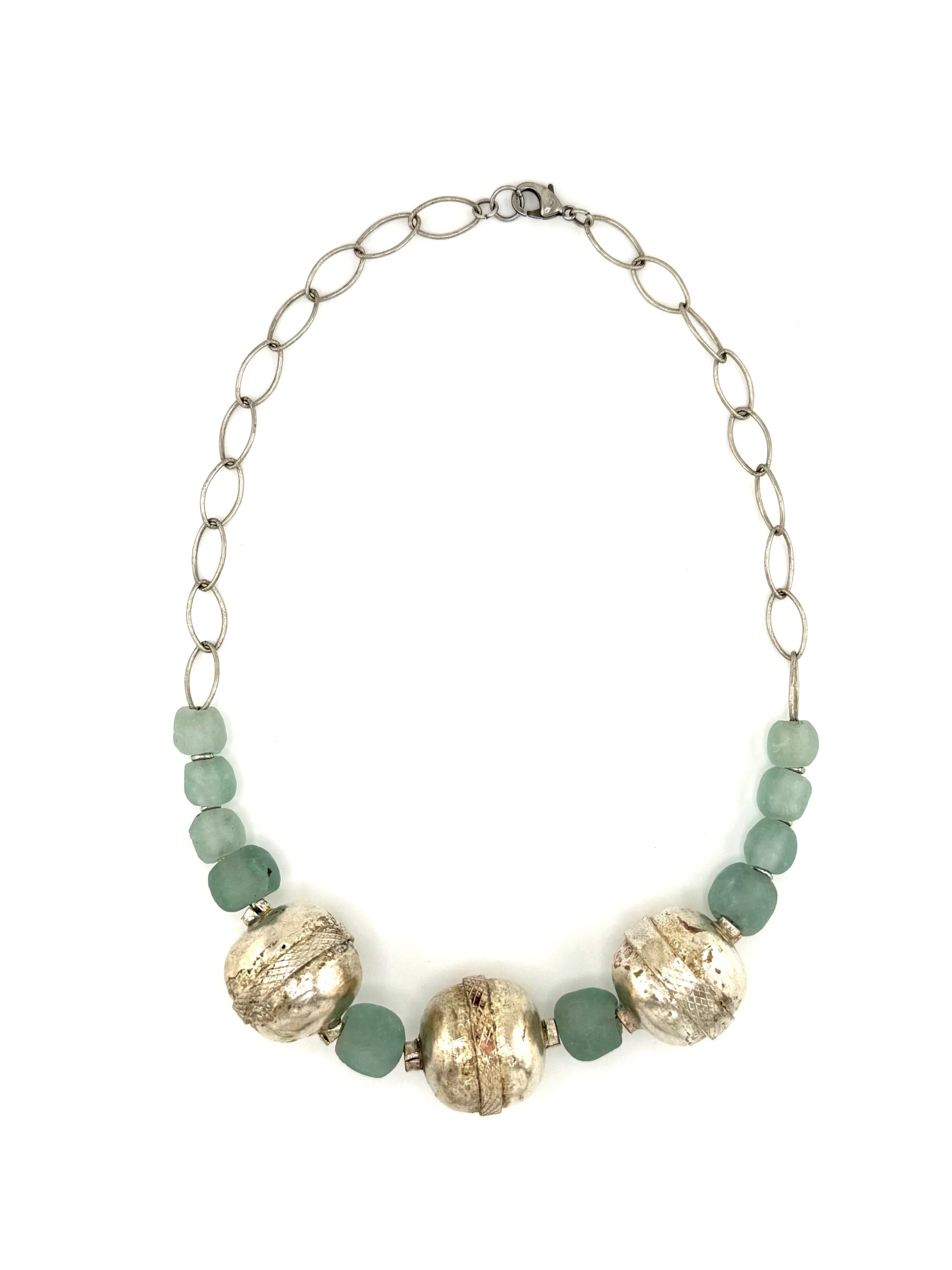 Ethiopian Artisanal Silver Beads with Aqua Glass Beads N001