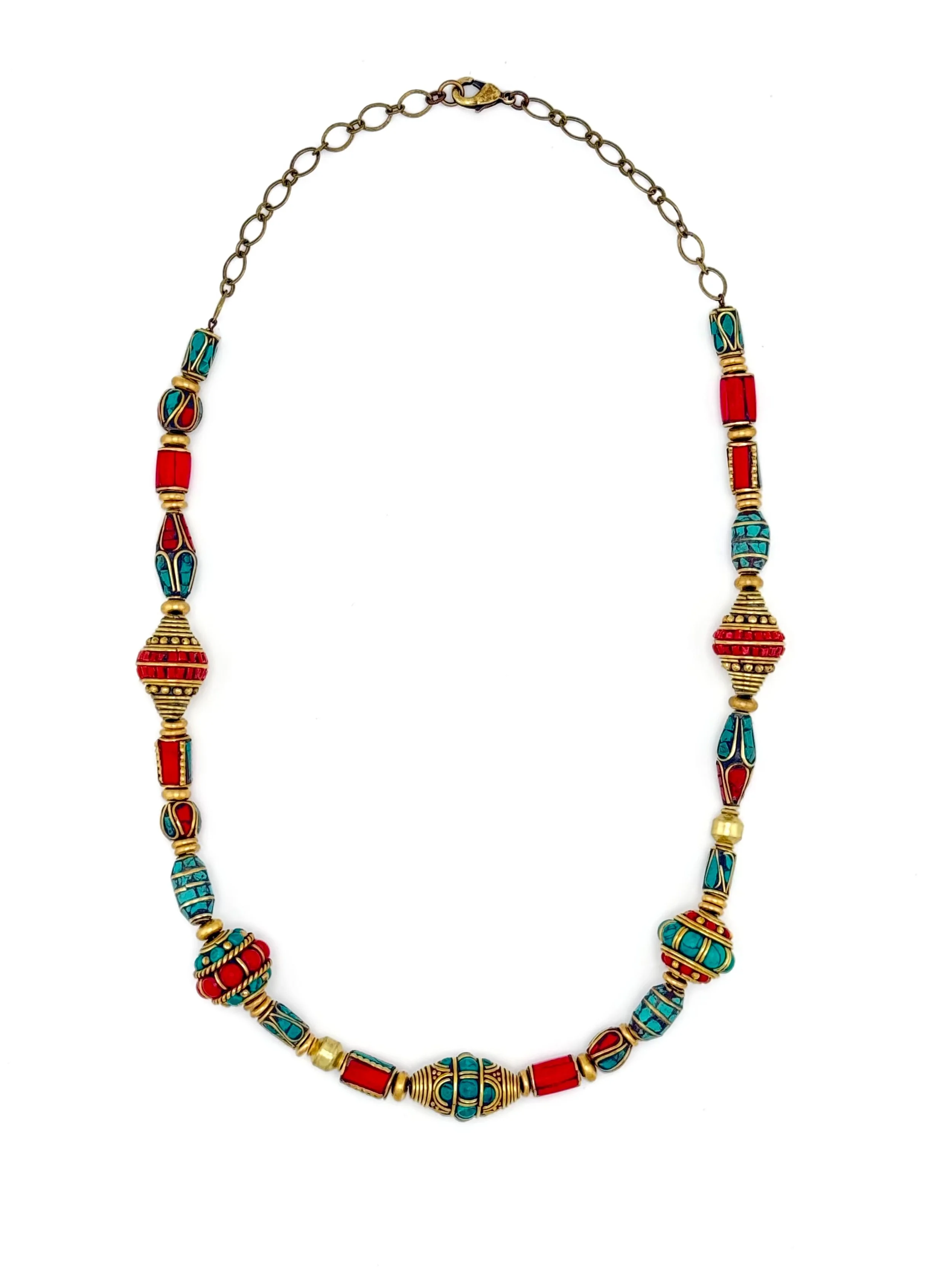 Tibetan Style Brass, Turquoise and Coral Beaded Necklace N030