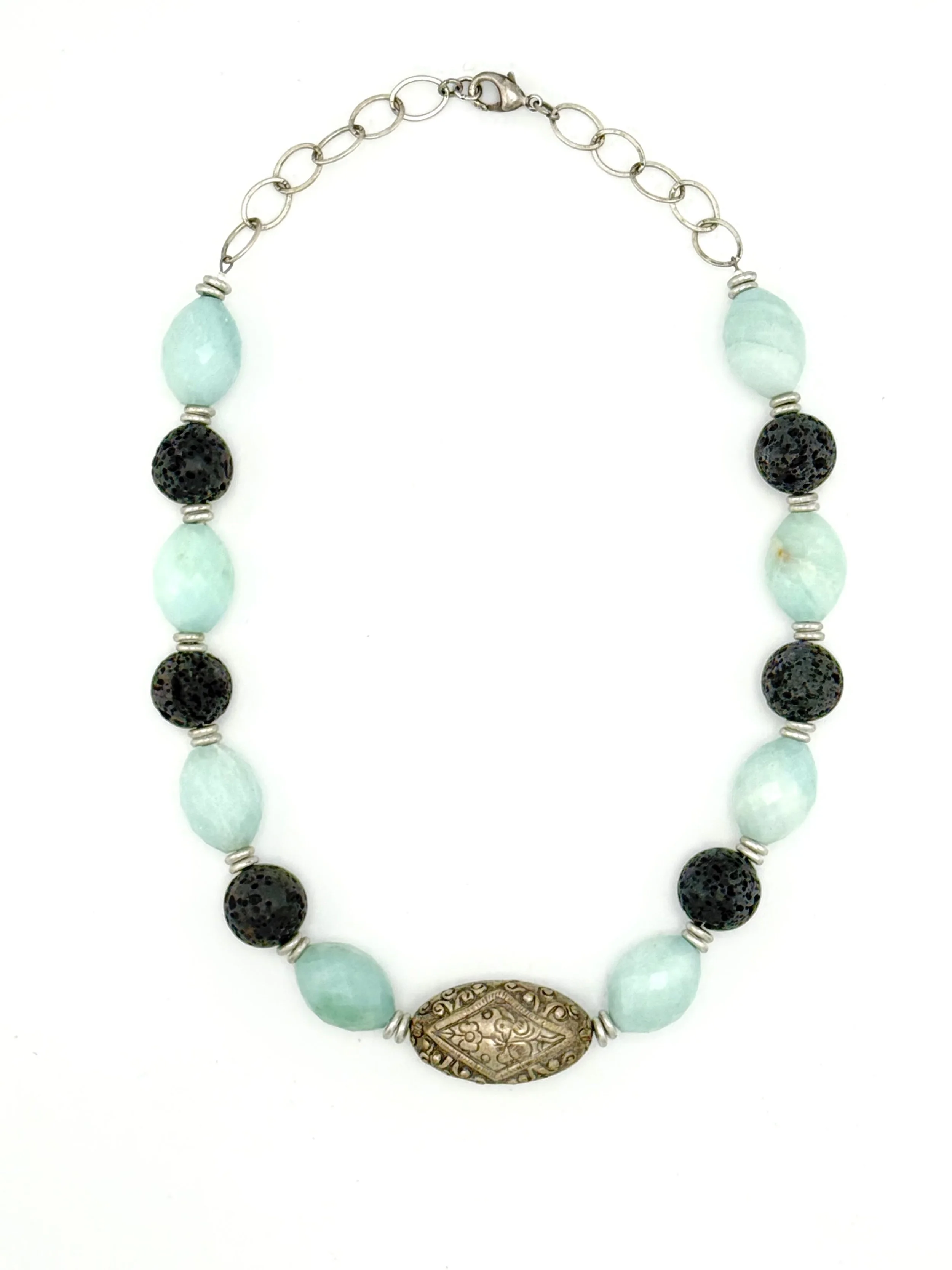Chinese Repousse Bead with Aqua and Lava Beads N045