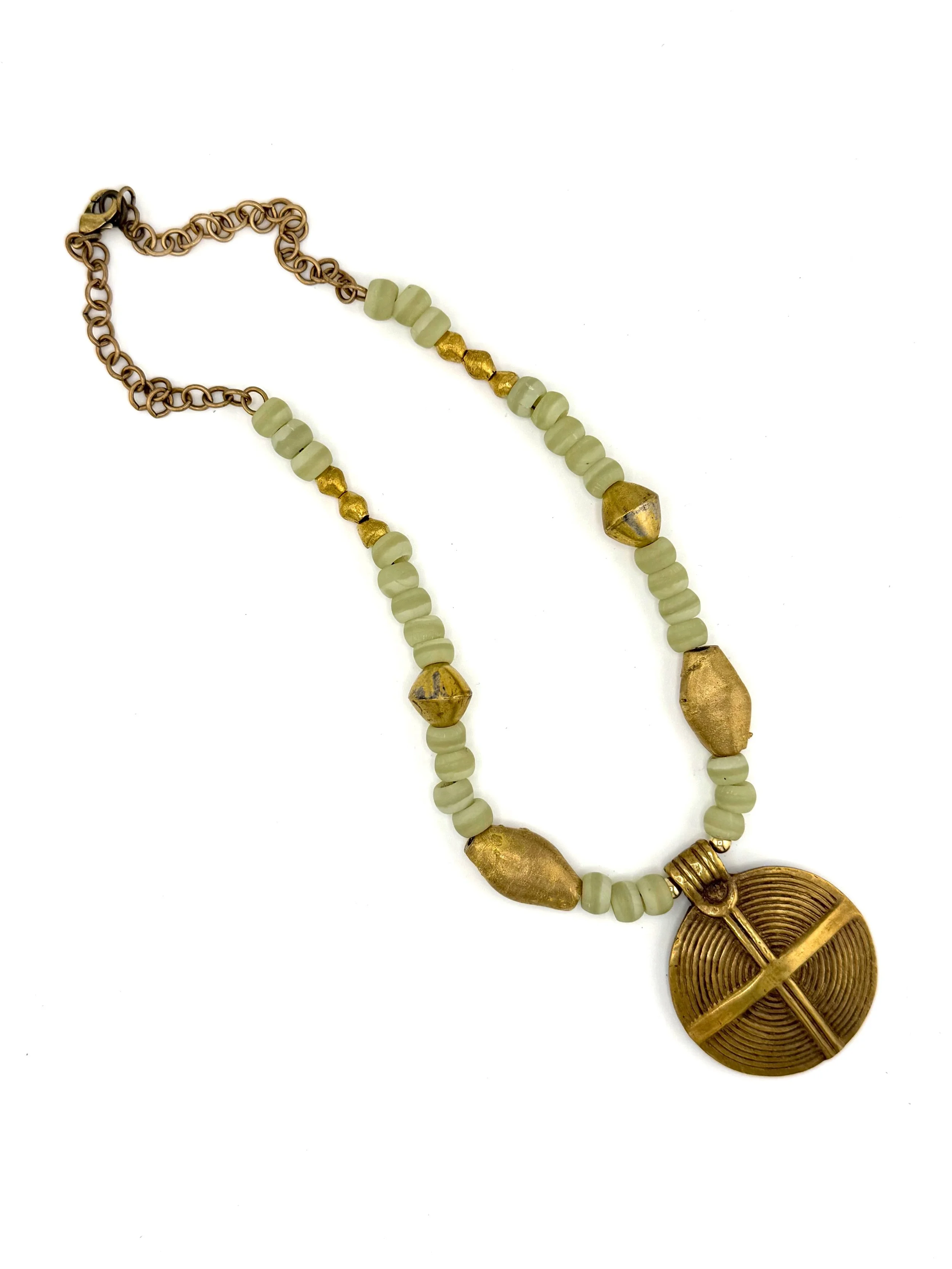 Brass Tribal Pendant with Green Padre Beads N005