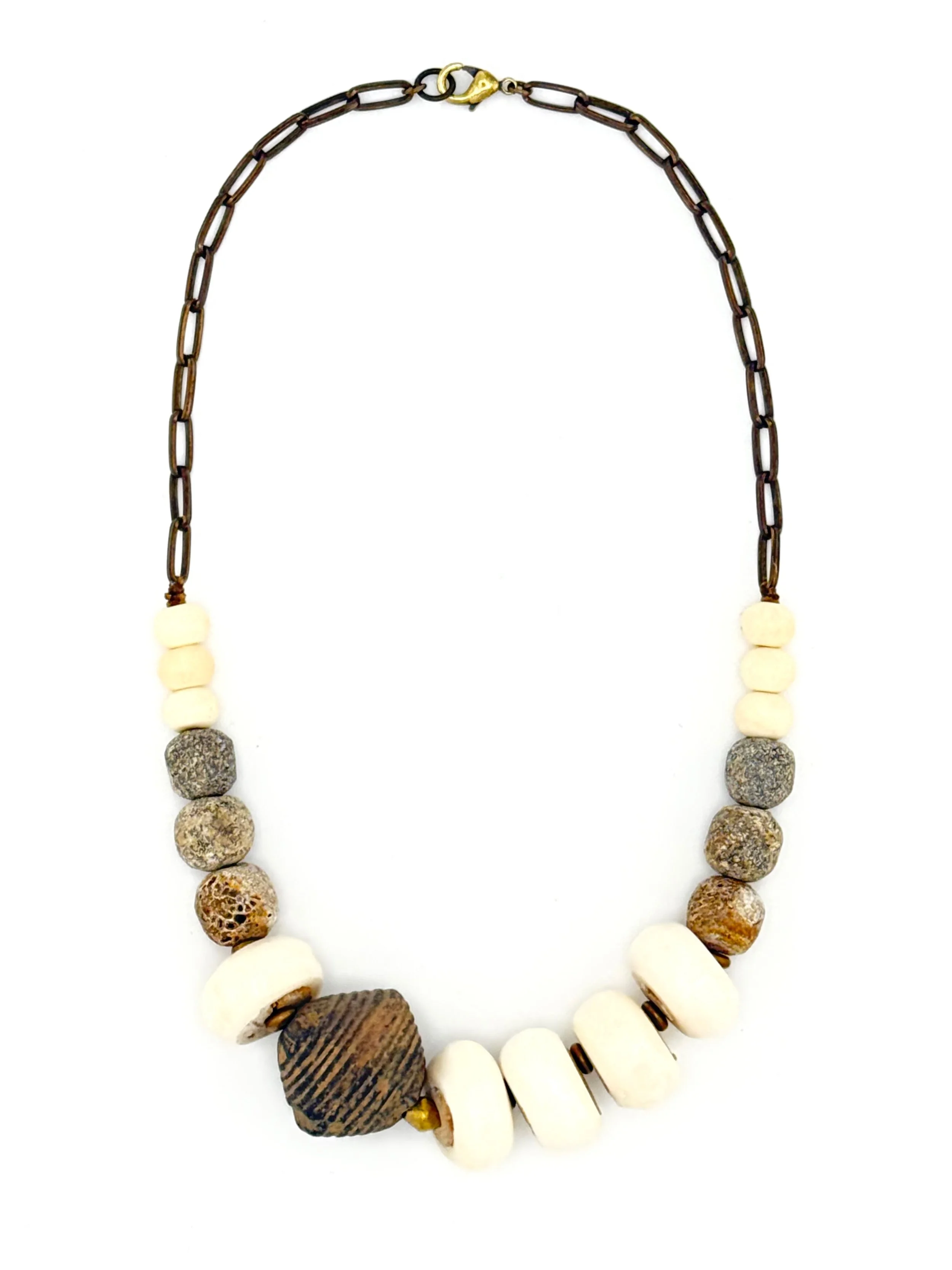 Old Mali Clay Spindle Bead with Bone Beads N014