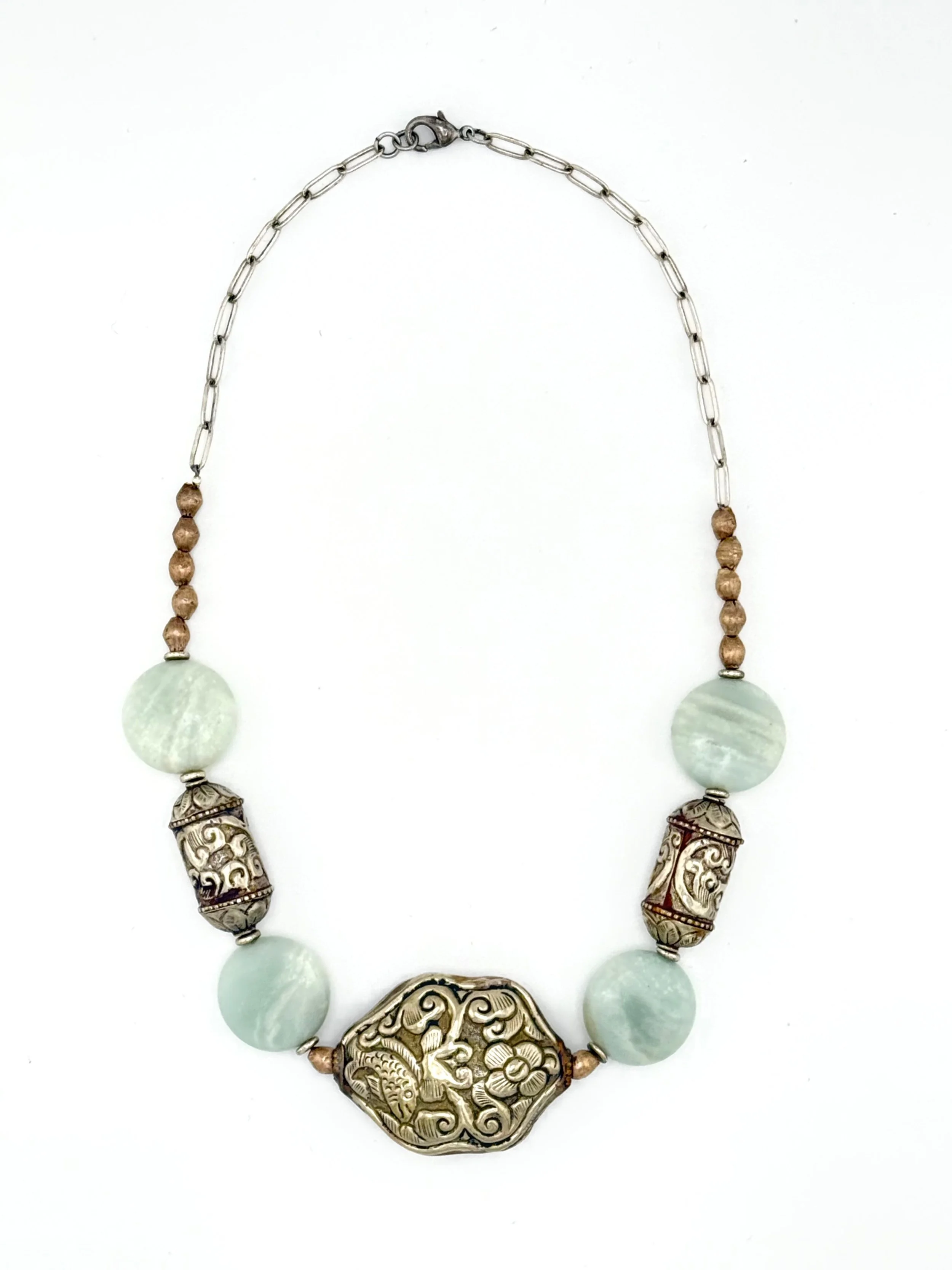 Silver Repousse and Aqua Stone Necklace N051