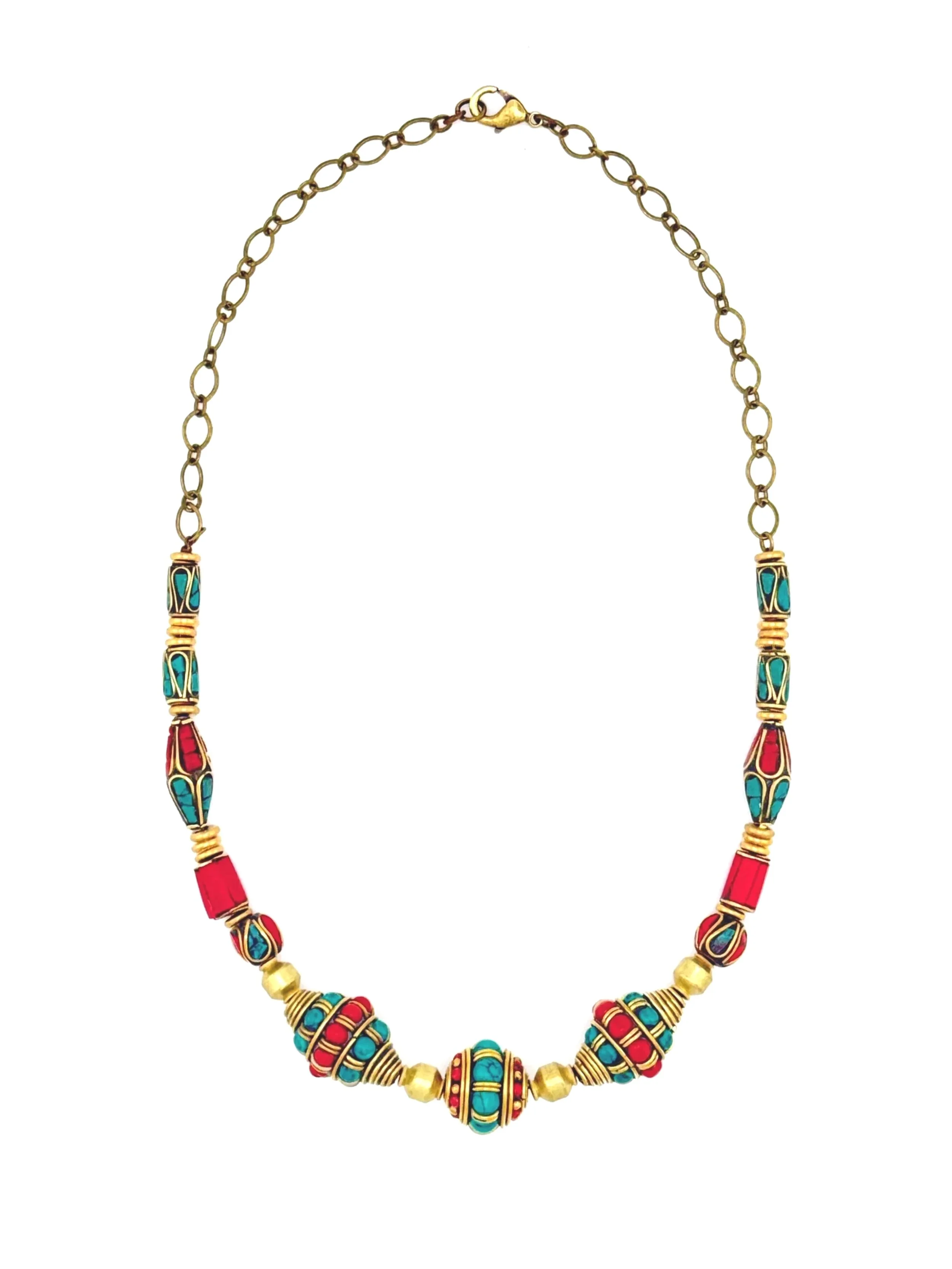 Tibetan Style Brass, Turquoise and Coral Beaded Necklace N026
