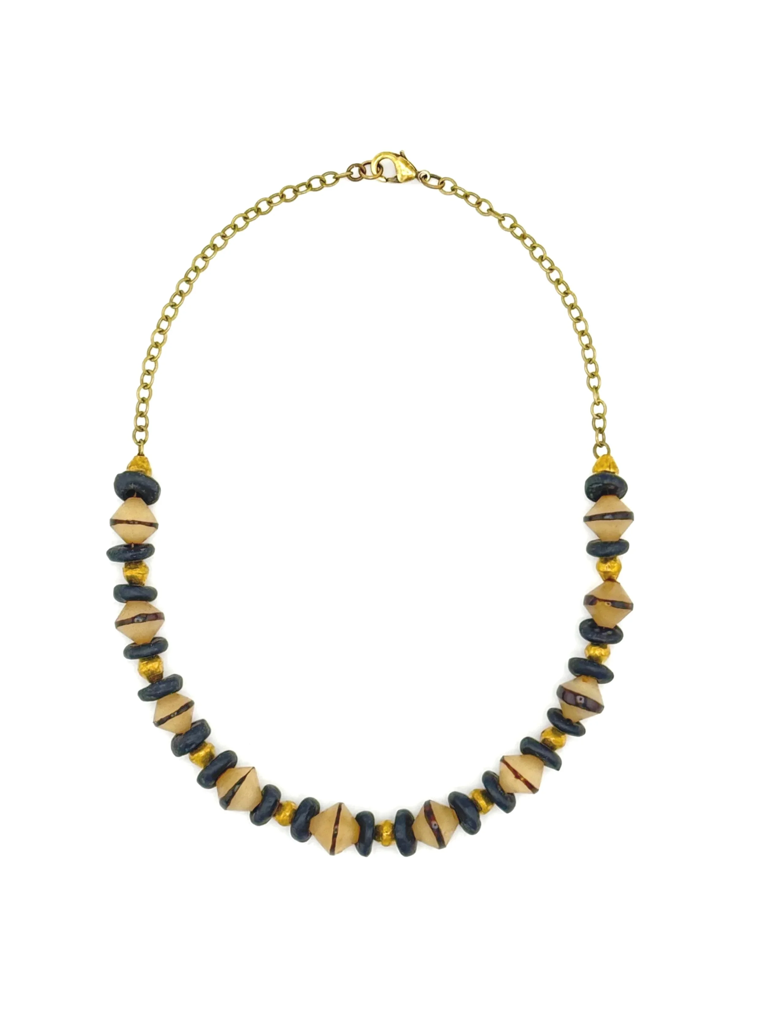 Natural Seed, Black Glass and Brass NecklaceN020