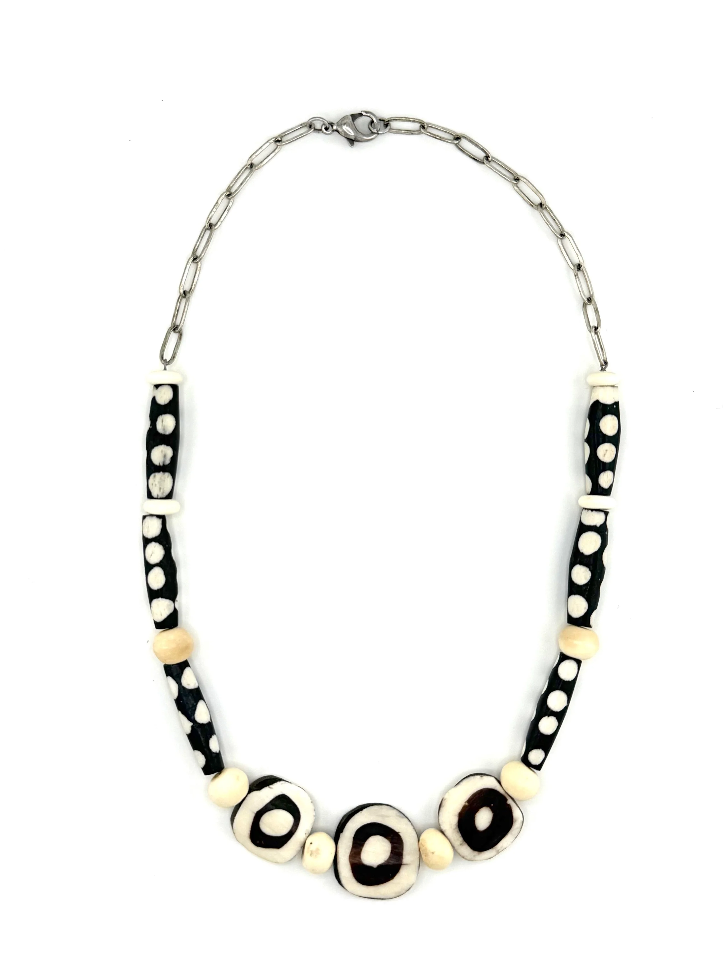 Batik Eye and Polka Dot Bone Bead Necklace N012