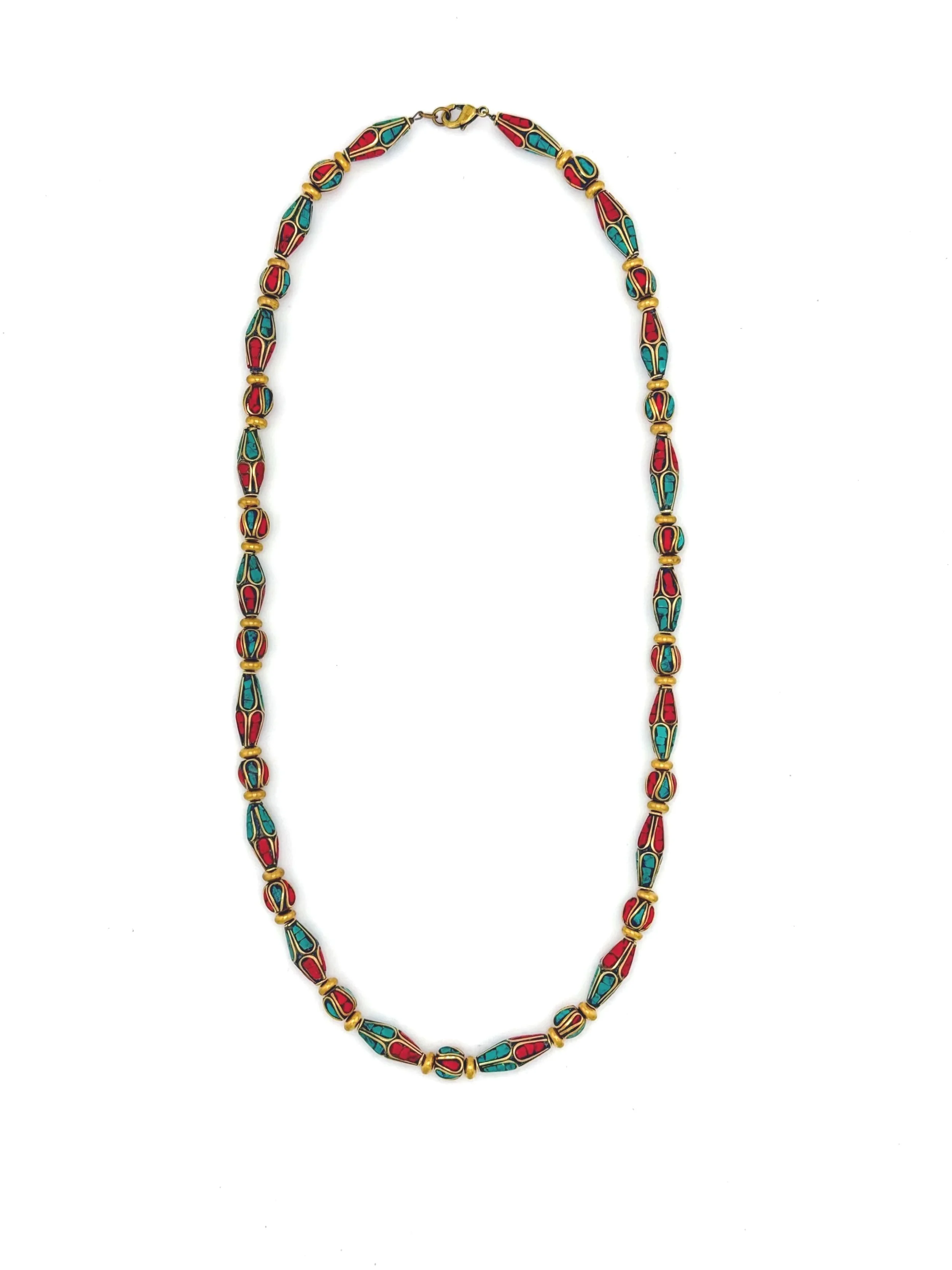 Tibetan Style Brass, Turquoise and Coral Beaded Necklace N050