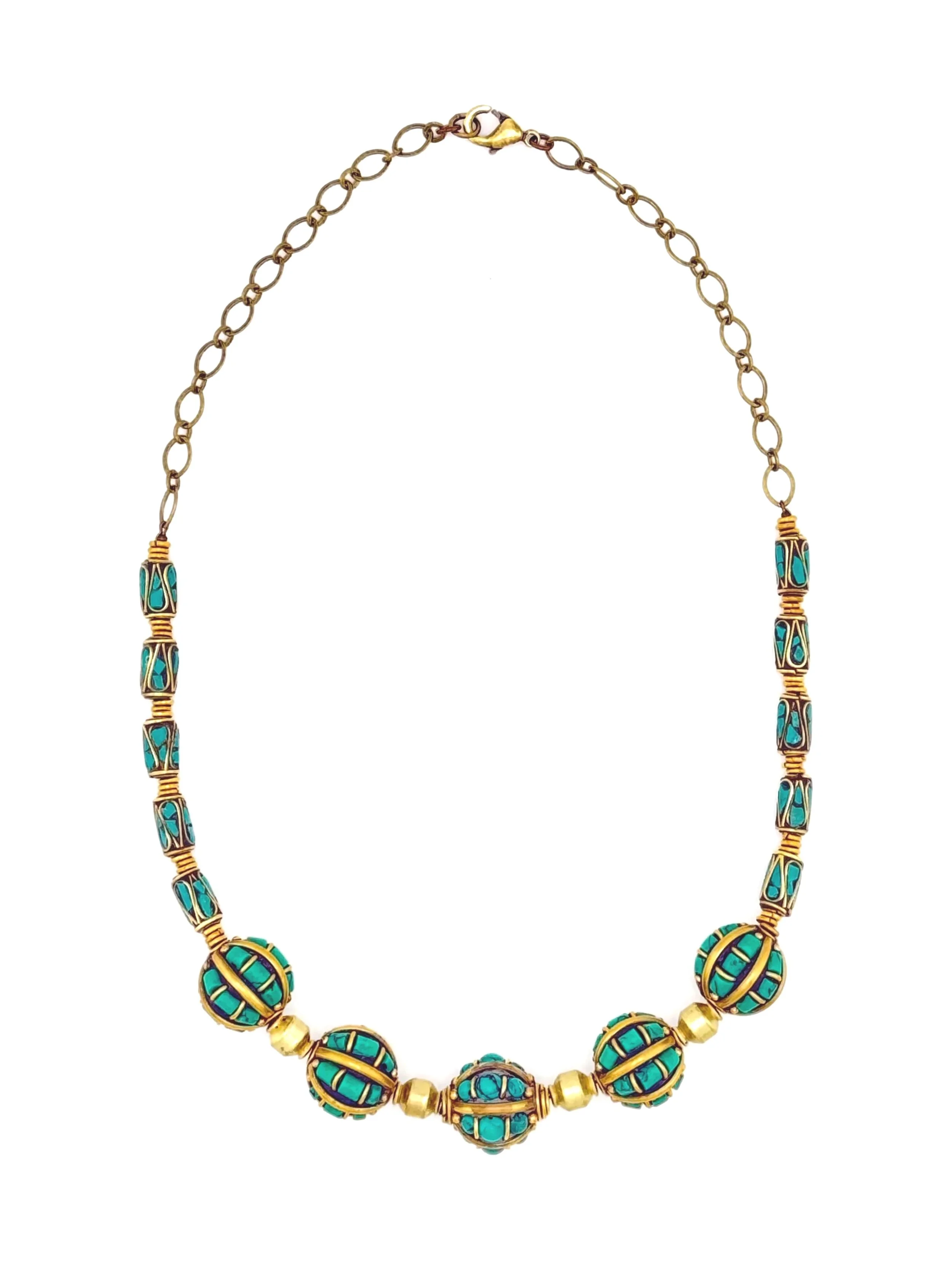 Tibetan Style Brass and Turquoise Beaded Necklace N028