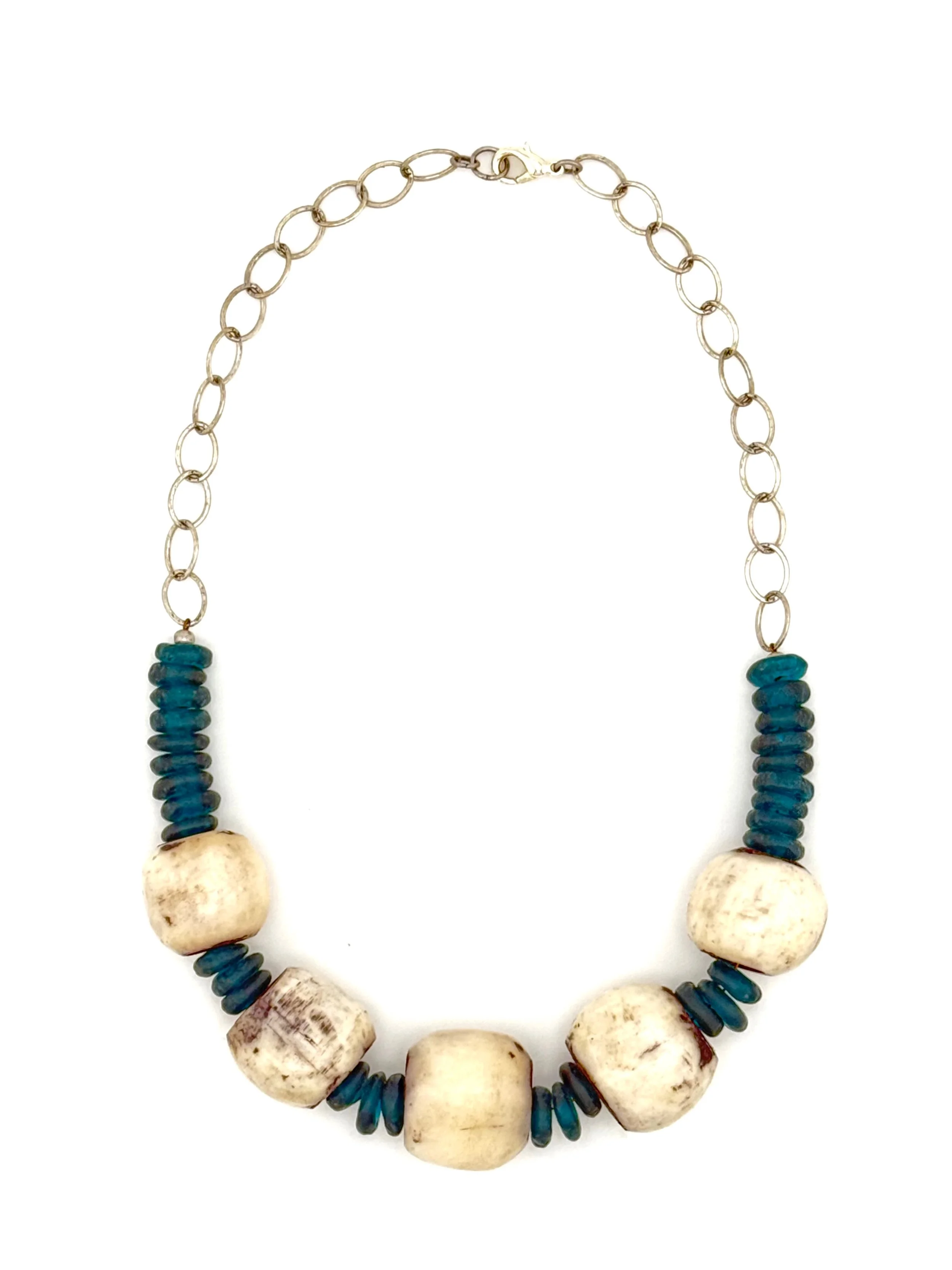 Grey Bone and Teal Glass Beaded Necklace N025