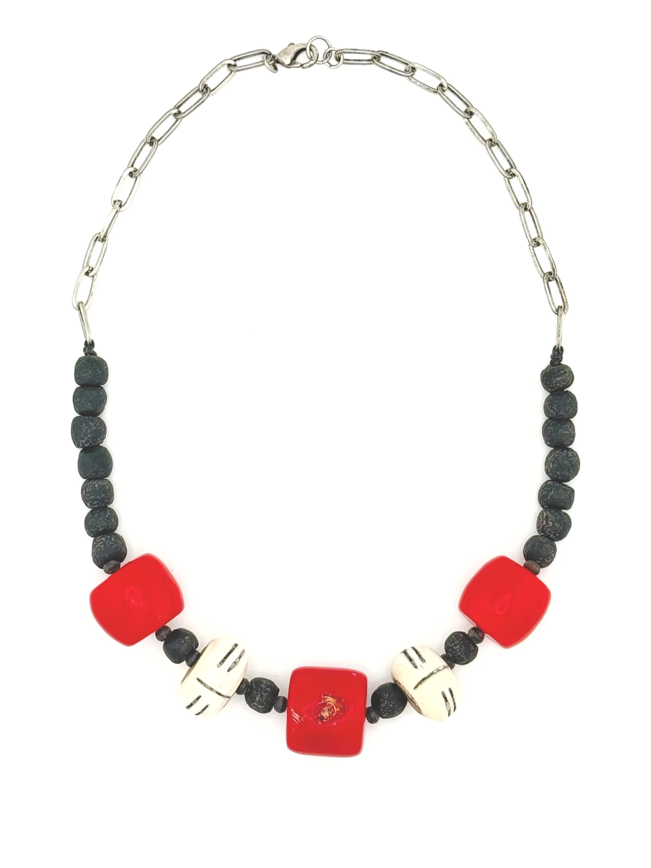 Striking Red Bone and Tribal Carved White Bone Necklace N033