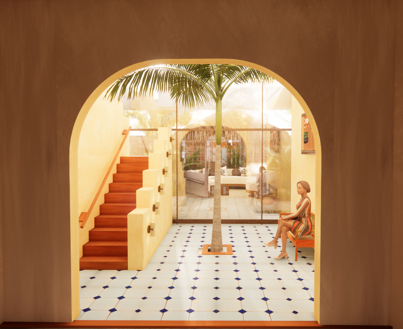 The archway framing view of the courtyard from the art gallery, leading your eye ultimately to garden.