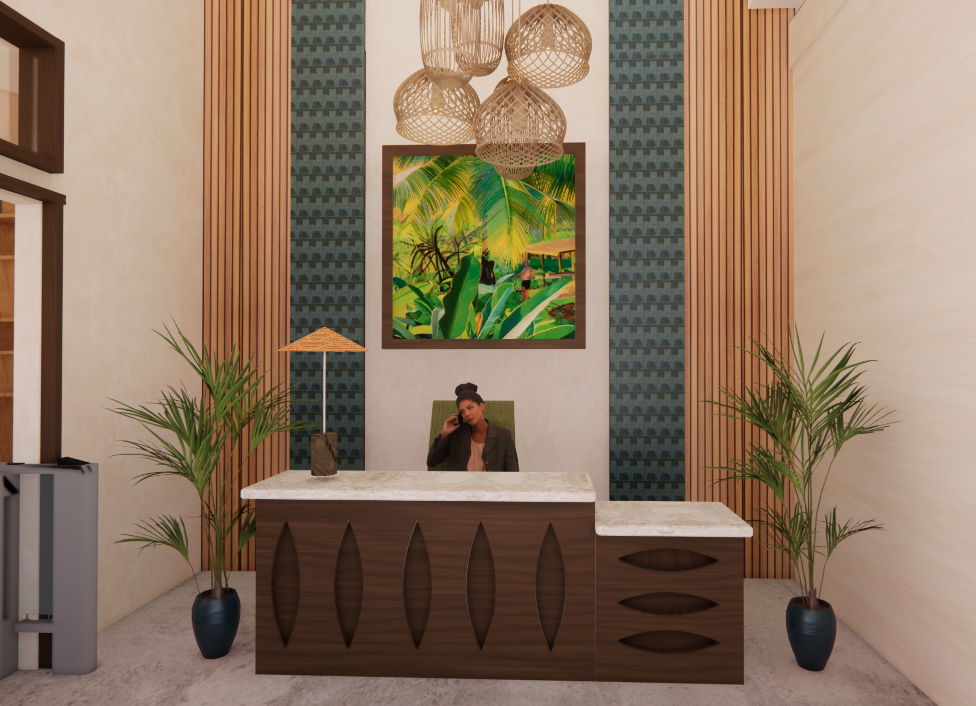 The Reception area welcomes visitors with caoba wood, tile and concrete materials often found in the Dominican Republic.
