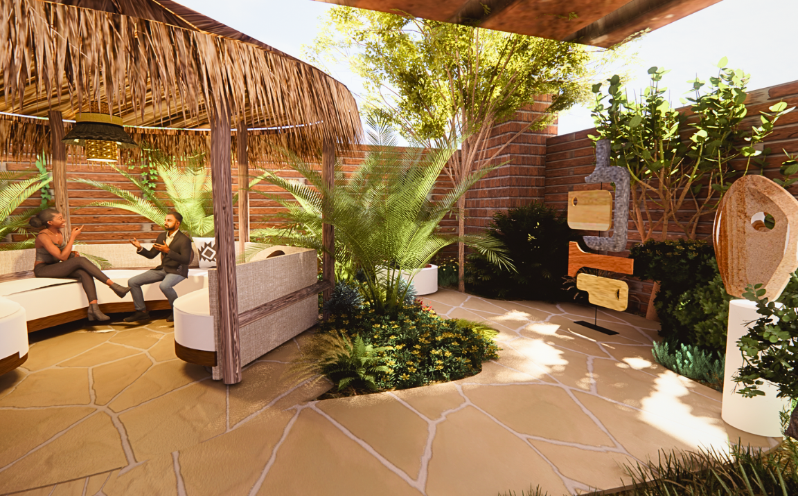 The garden offers a lounge under a structure inspired by Taino huts, and a pathway that allows you to discover more art as you walk through the space.