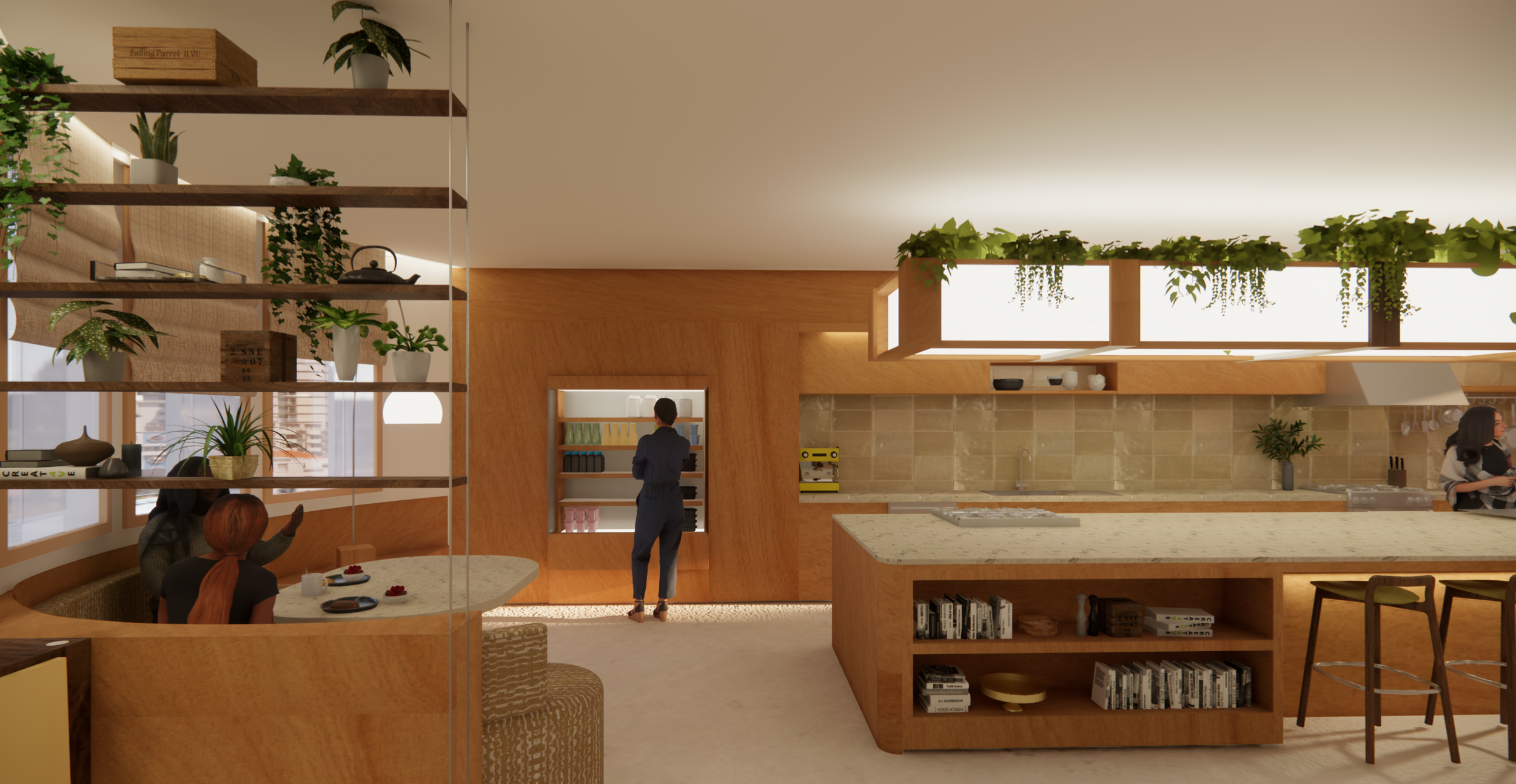 communal kitchen with banquet, barstools, and grab and go fridge to inspire healthy eating in all circumstances