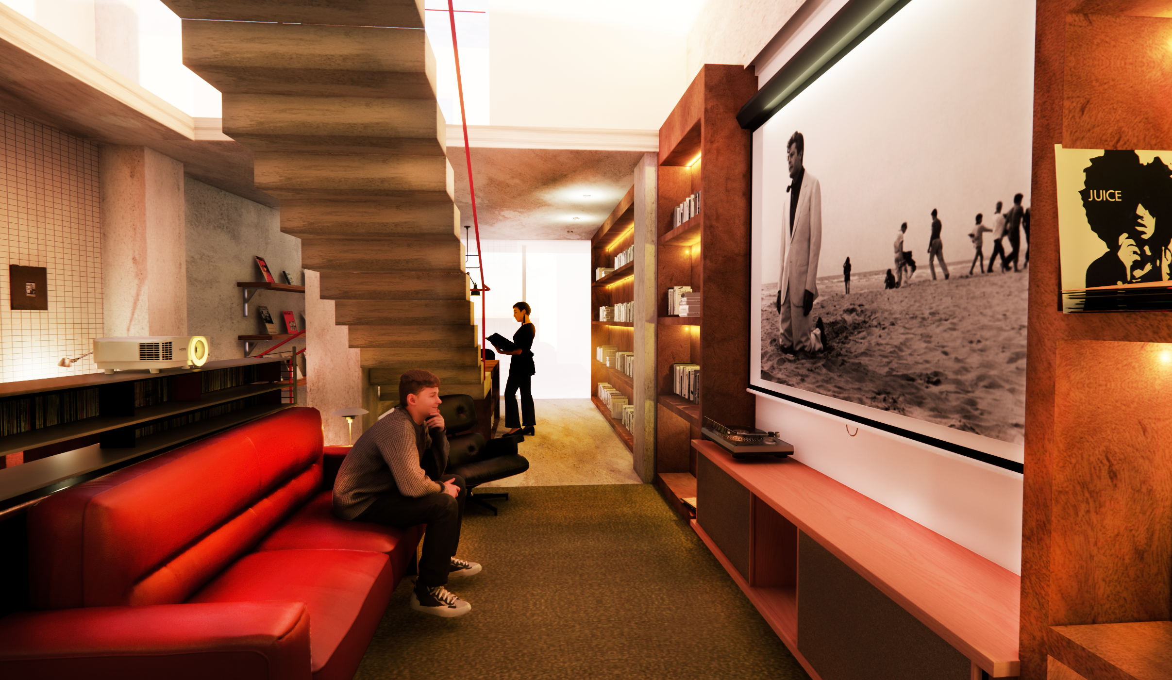 A cozy nook underneath the stair, designed to feel like a living room for students with new films constantly rotating on throughout the day on the projector