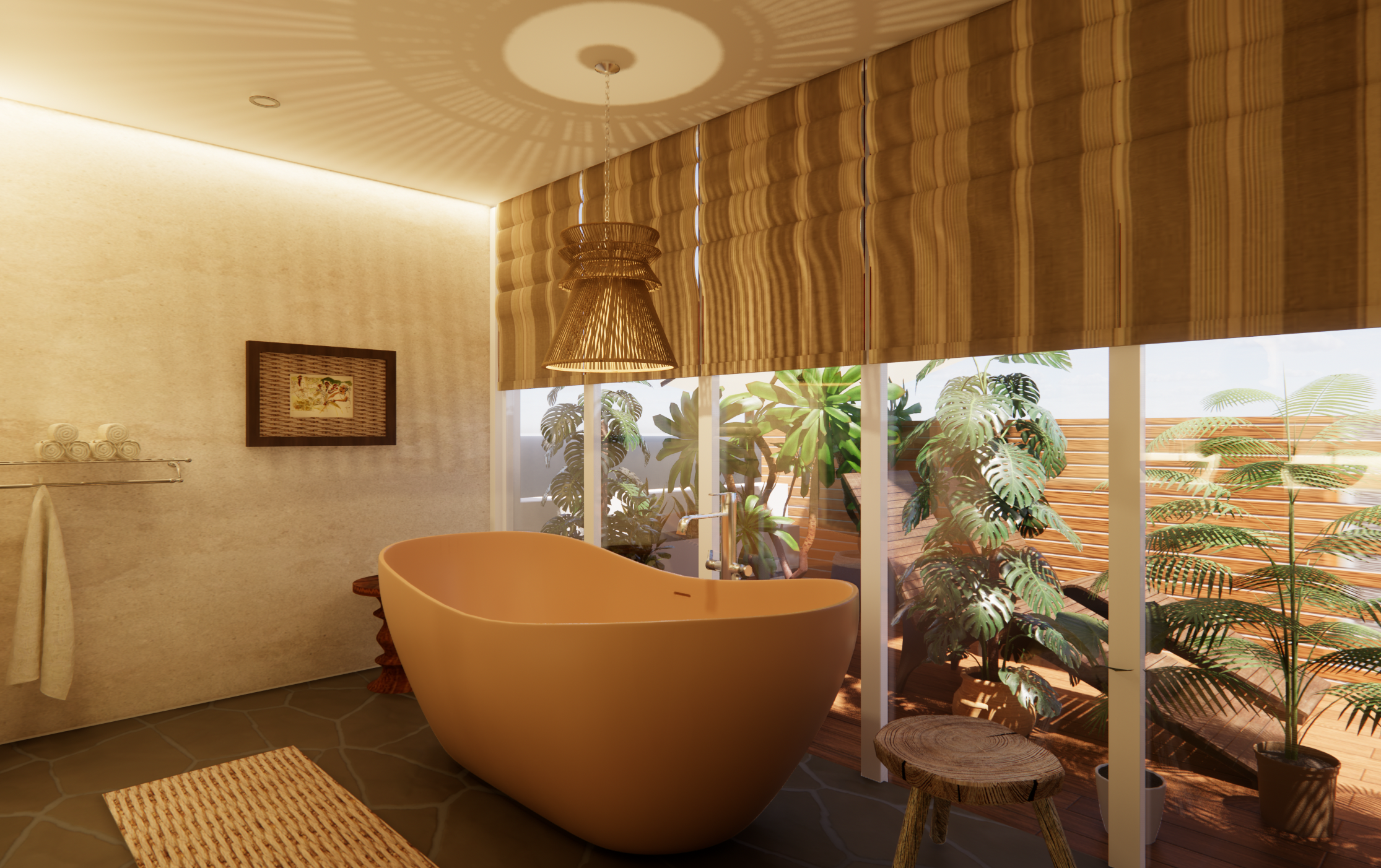 A large terracotta soaking tub is the main attraction of the master suite with a view of the private balcony.