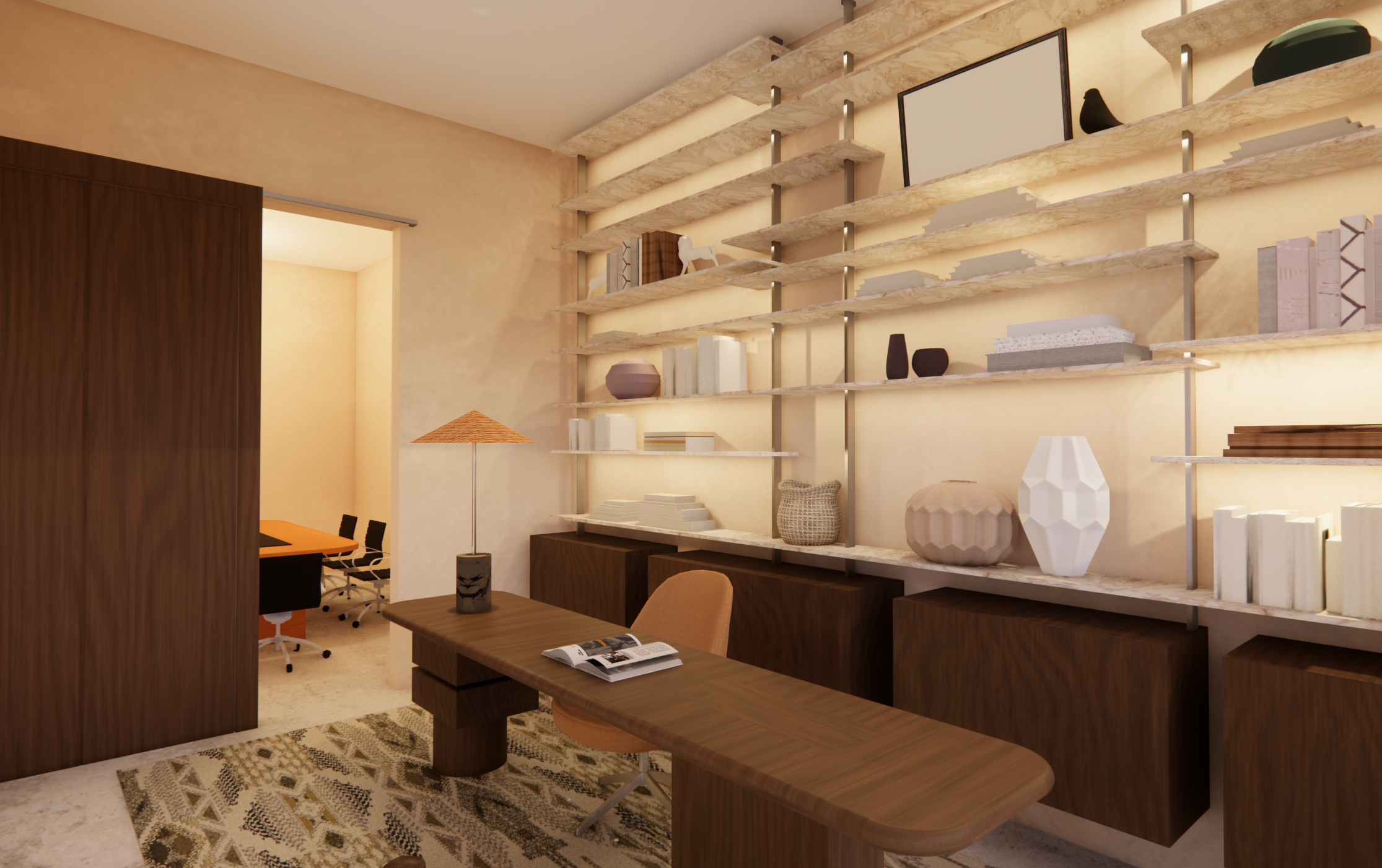 The private office opens up to the conference room for efficiency.