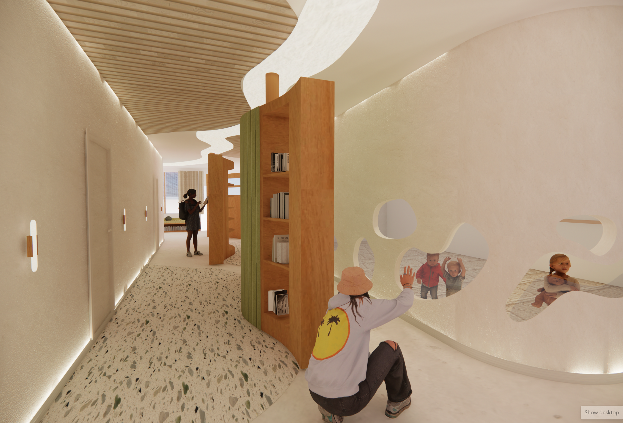 library corridor separating mothers' classrooms and toddler daycare. organic peep windows in the day care so mothers can keep an eye on their babies while they study