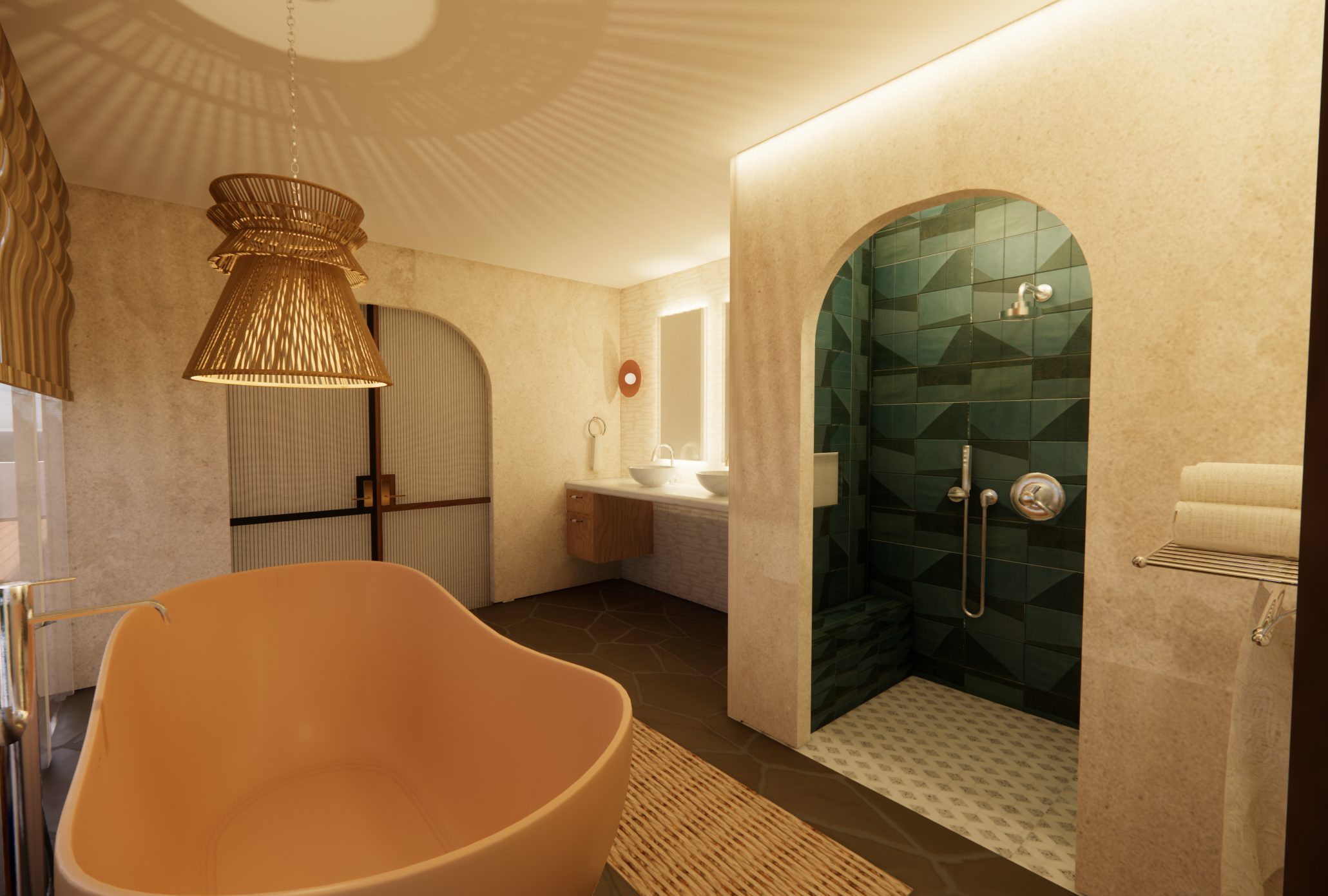 The primary bedroom also comes equipped with a roll in shower with a built-in seat and compartments for essential storage. 