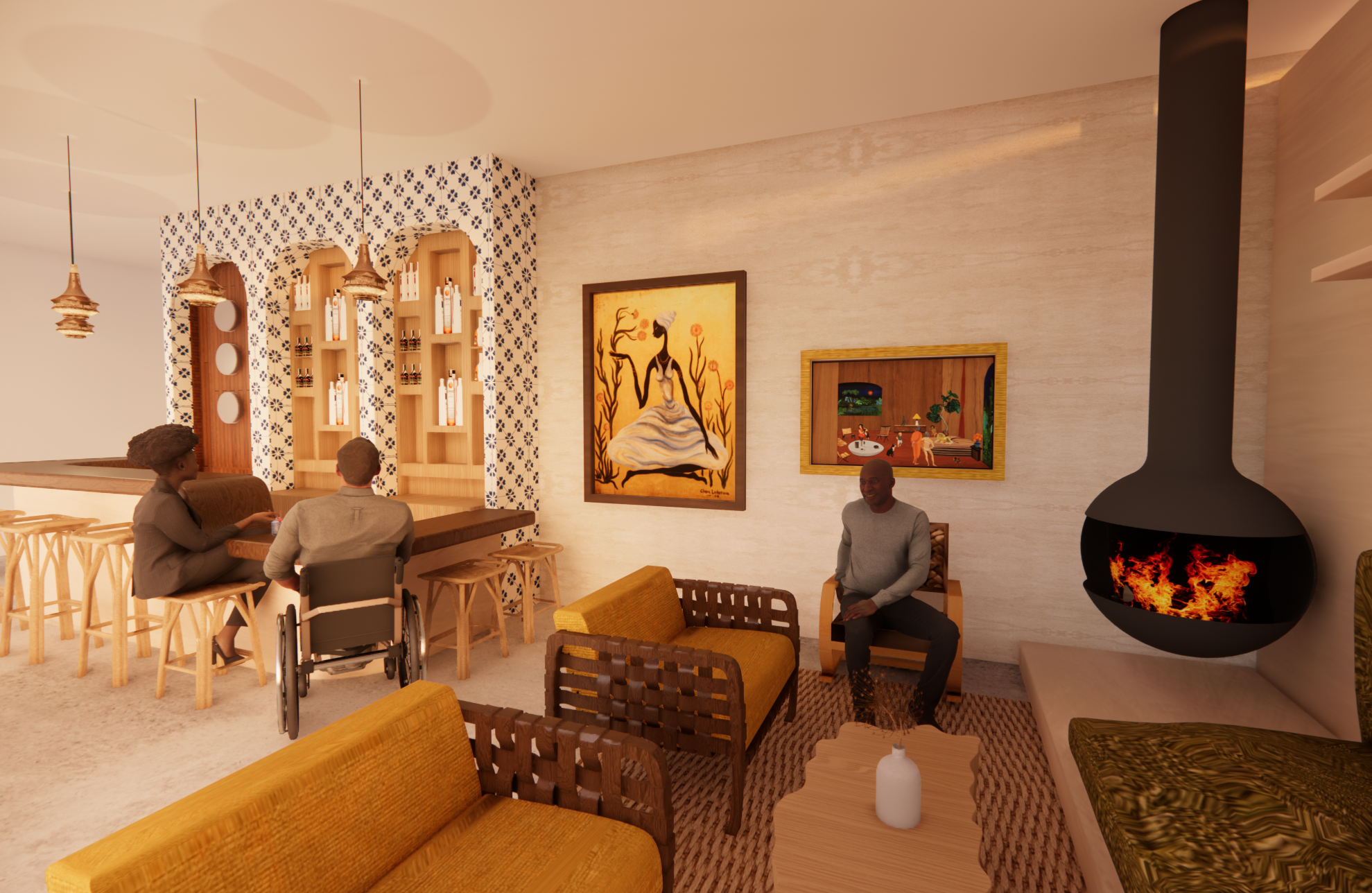 A bar and cafe that serves a social hub for the space. Includes integrated seating heights for wheelchair users to seamlessly join in on the fun. 