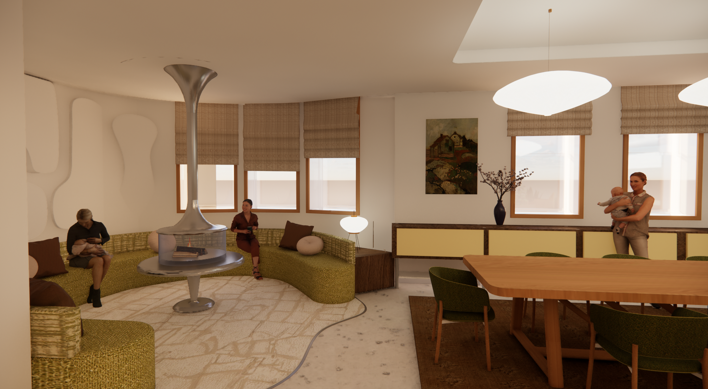 a cozy living room nook, centered around a fireplace