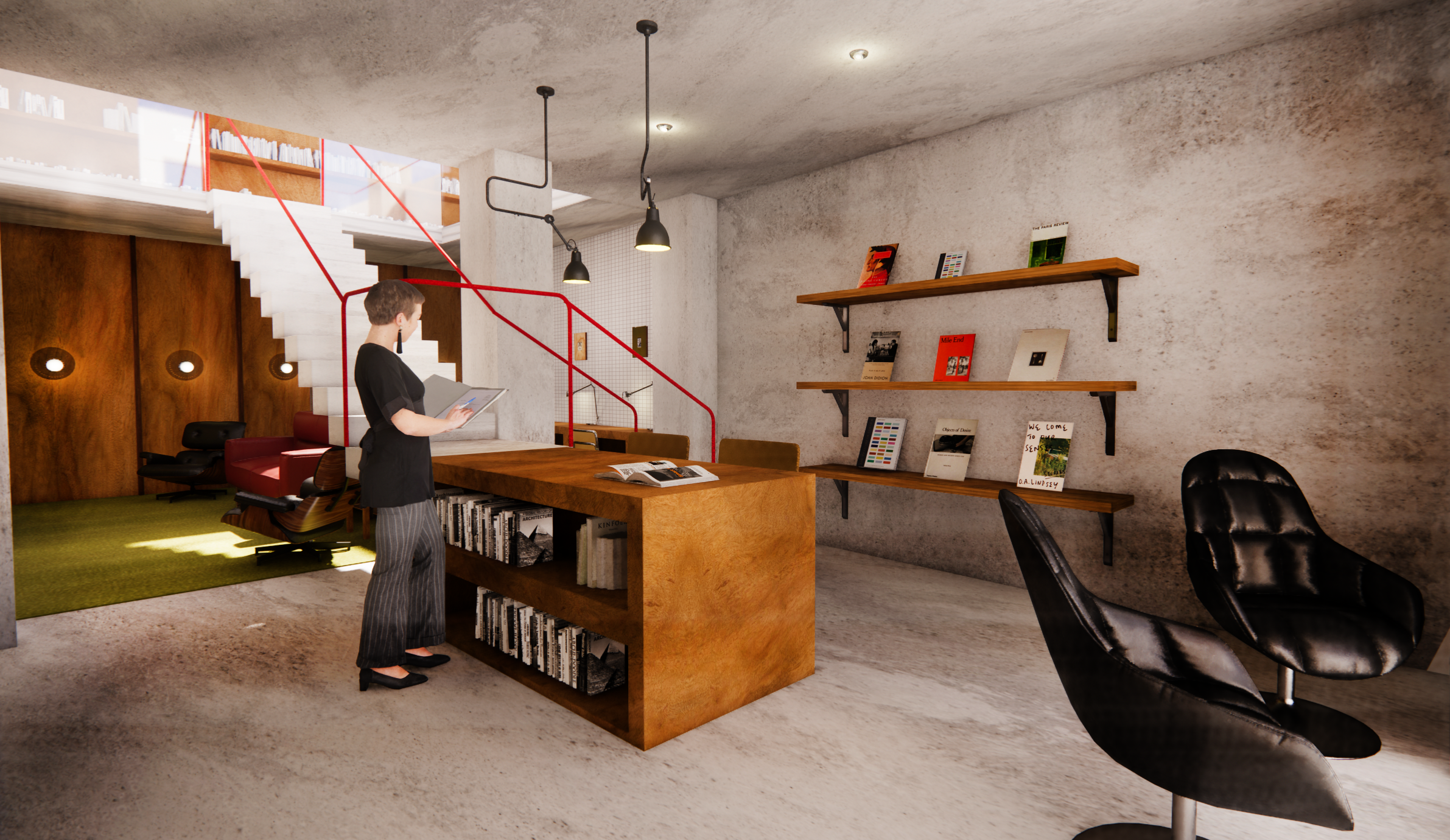 Looking into the bookshop from the courtyard, greeted by a curated selection of books and a sculptural stair that leads your eyes up to the second level vinyl lounge