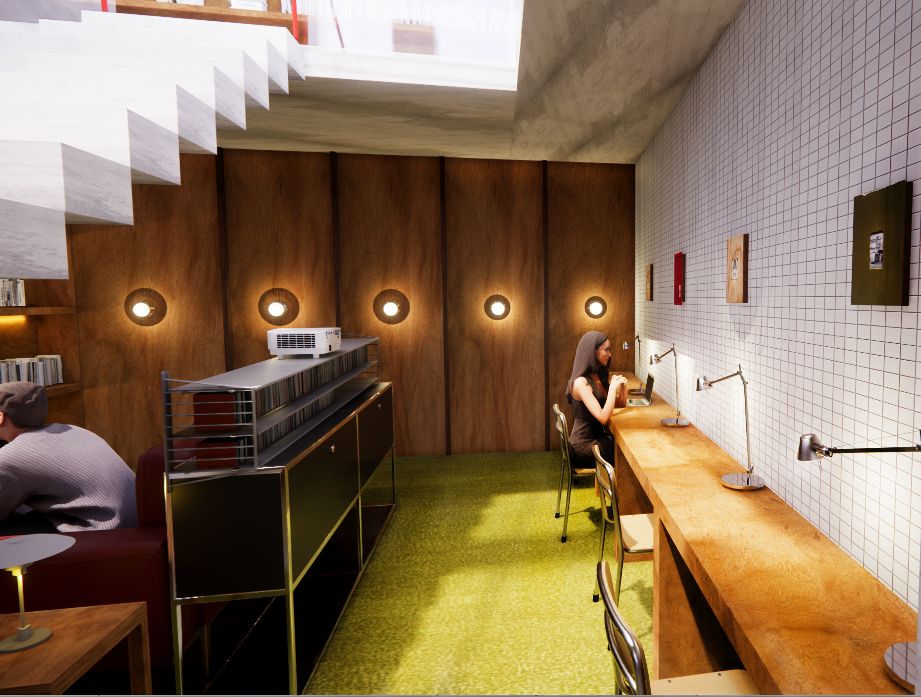 The bookshop lounge provides a study area with private desks