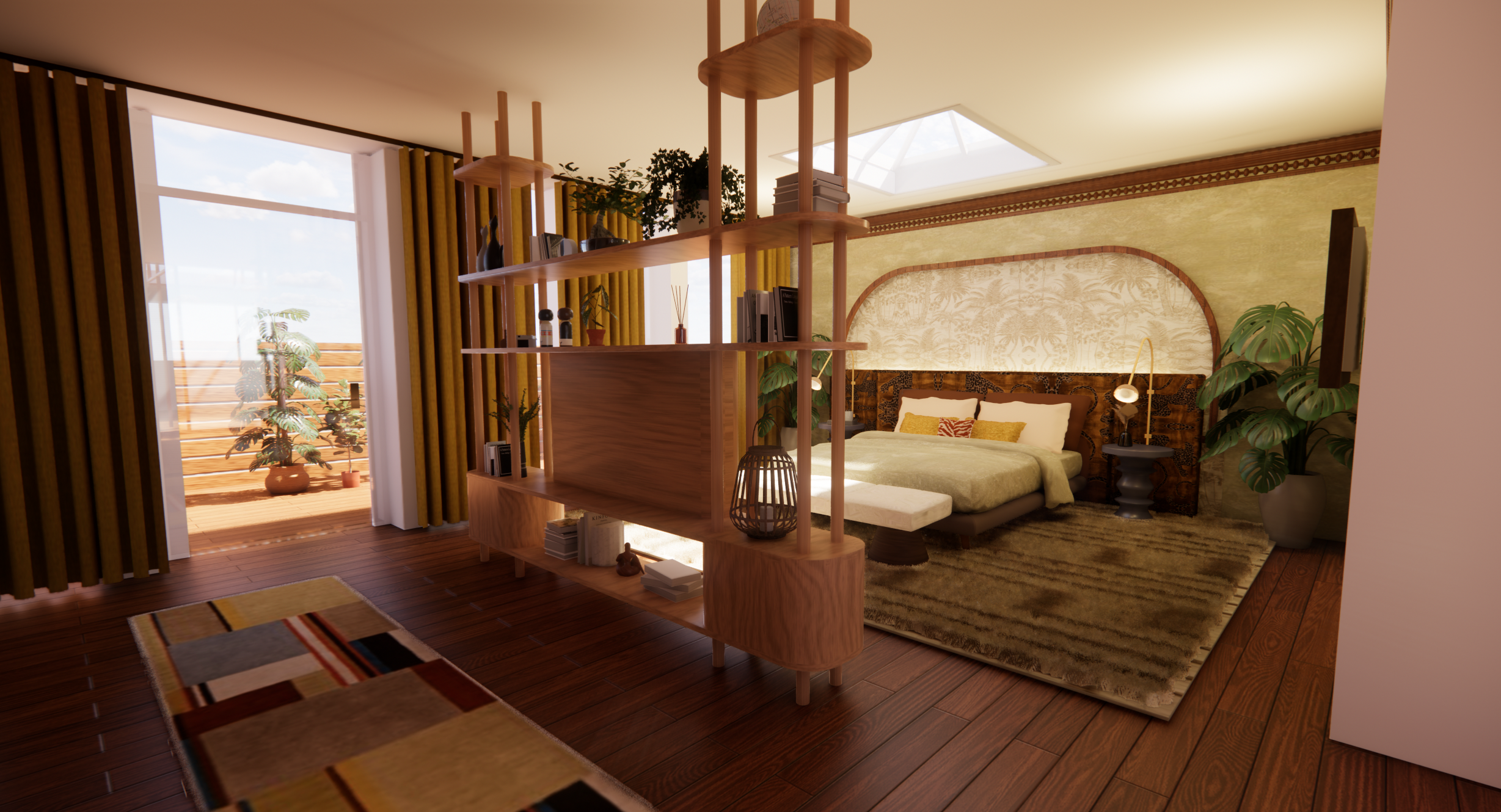 Large circulation space allows for the Consular's husband to comfortable naviagte the bedroom. A built in shelving unit that serves as a space divider and a place for the tv to live naturally.