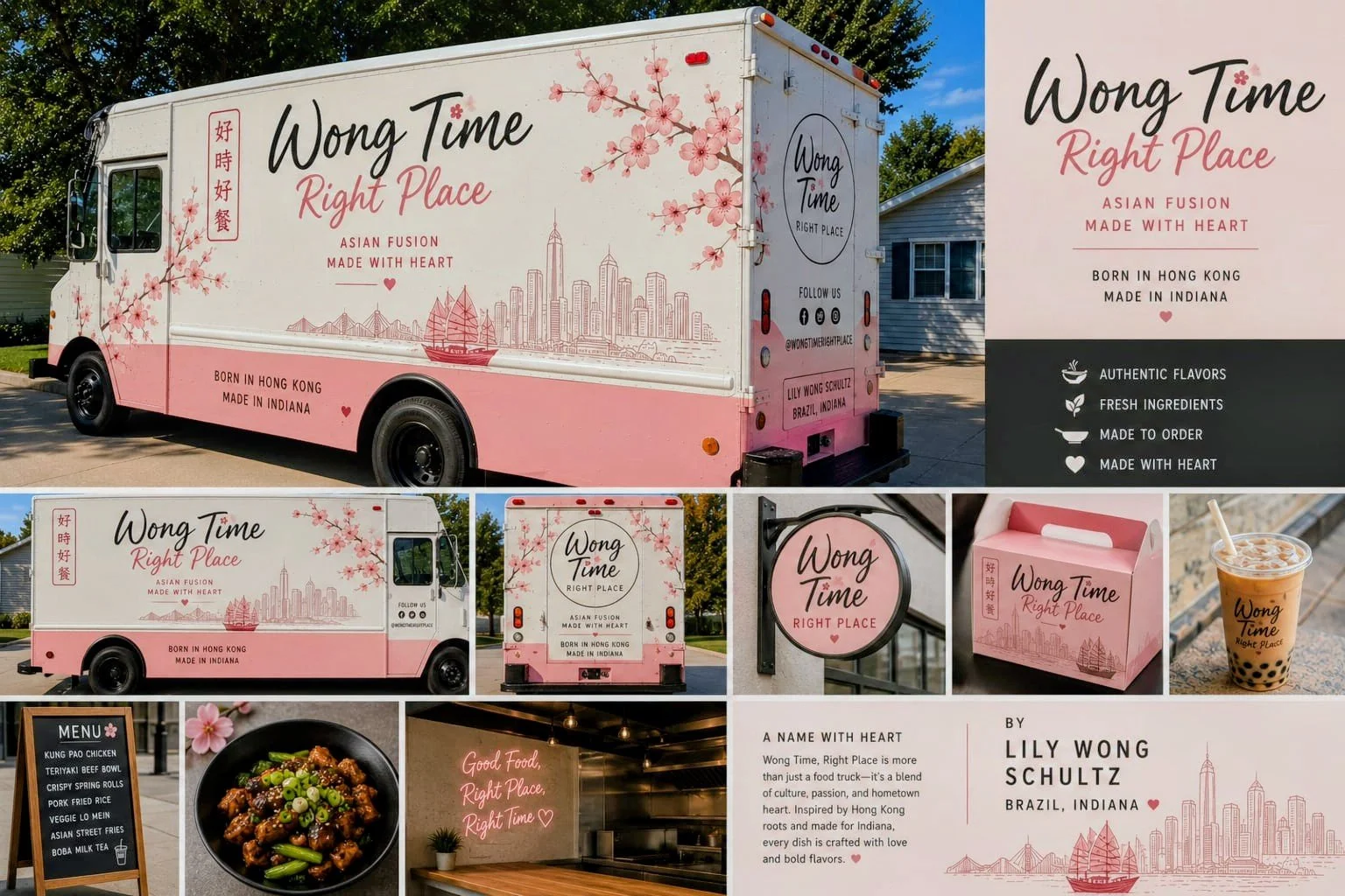 A food truck with pink and white design, cherry blossoms, city skyline, and boat graphic, promoting Wong Time Right Place. Additional images show menu, brand signage, bubble tea, and Asian fusion dishes.