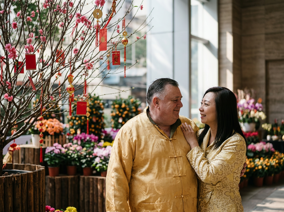 A man and woman dressed in traditional gold clothing, smiling and looking at each other, standing in front of a decorated cherry blossom tree with red ornaments and hanging decorations, with a display of potted flowers in the background.