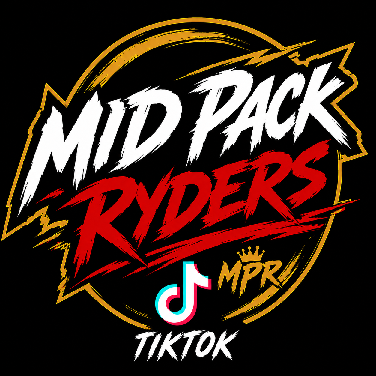 Logo for 'Mid Pack Ryders' with 'MPR' initials, TikTok logo, featuring jagged white and red text on a black background.