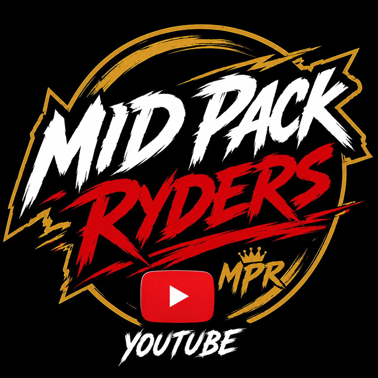 Logo for 'Mid Pack Ryders' with stylized white and red text, a yellow outline, a red YouTube play button, and the words 'MPR' and 'YOUTUBE' on a black background.