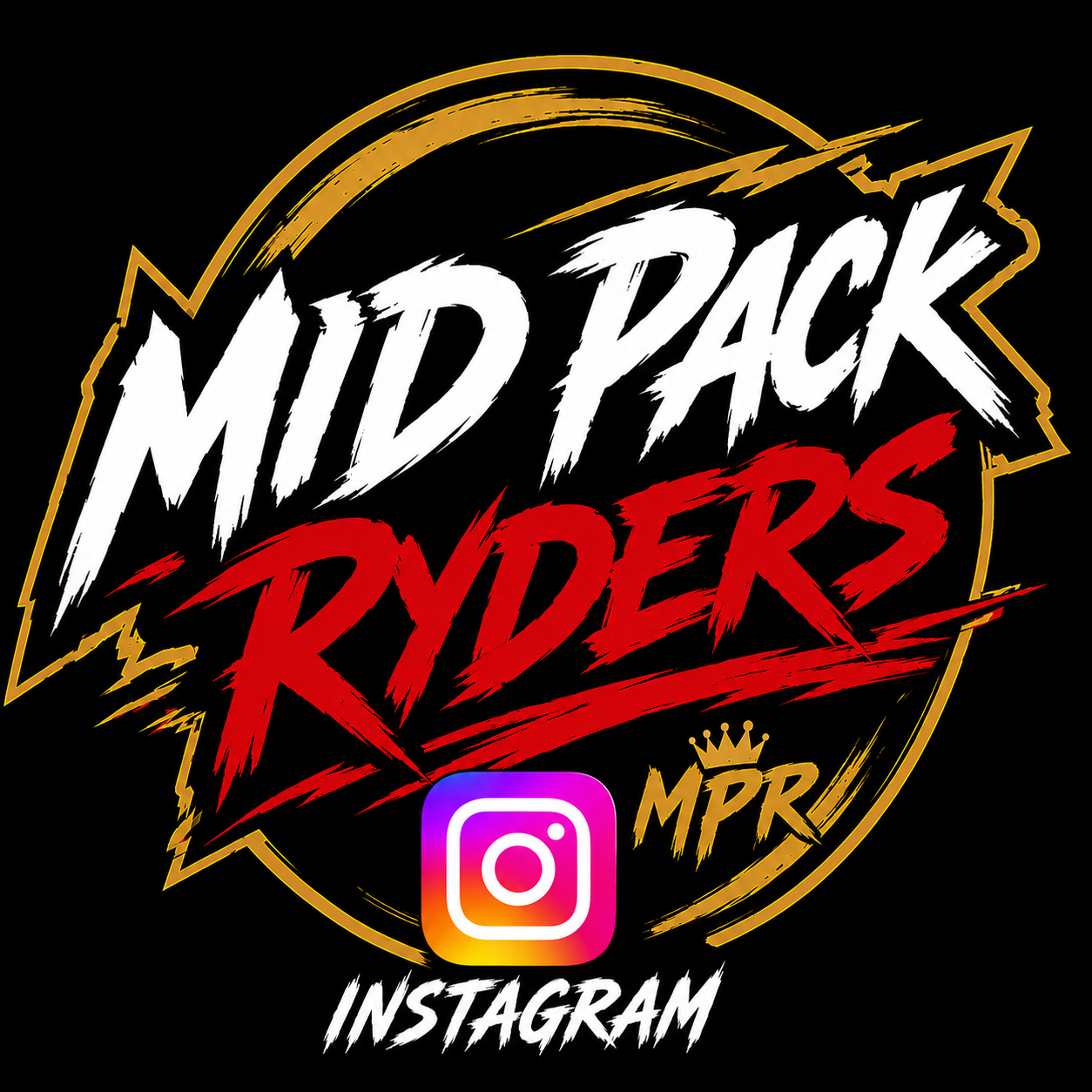Illustration with the words "Mid Pack Ryders" in bold, stylized font with lightning effects, a small crown icon, an Instagram logo, and the word "Instagram" beneath.