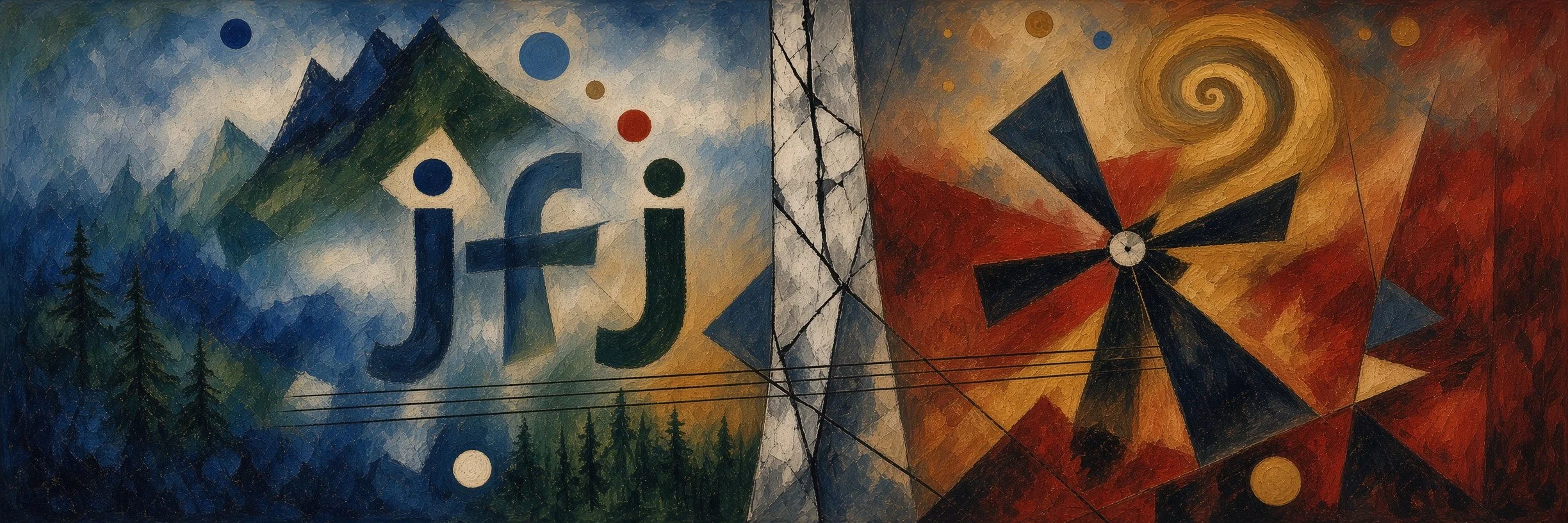 Un mur peint avec deux sections distinctes. La section gauche représente un paysage de montagnes avec des arbres en premier plan et plusieurs cercles de différentes couleurs dans le ciel. La section droite présente une composition abstraite avec des formes géométriques, des couleurs chaudes et un motif central en spirale.