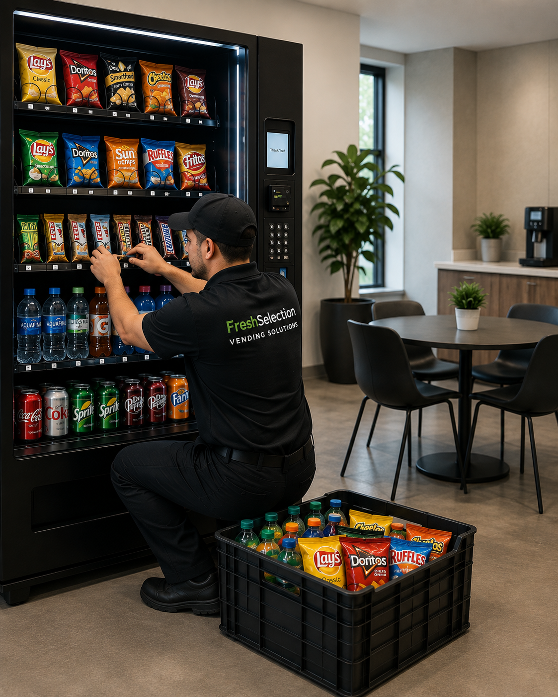 Vending service technician restocking a vending machine.