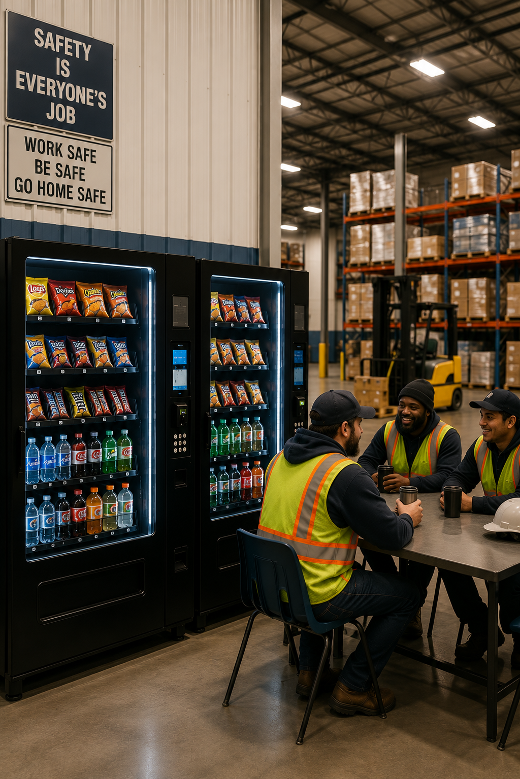Vending machines in a warehouse breakroom.