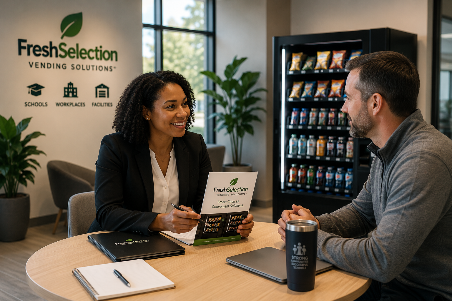 Vending service representative meeting with a customer.