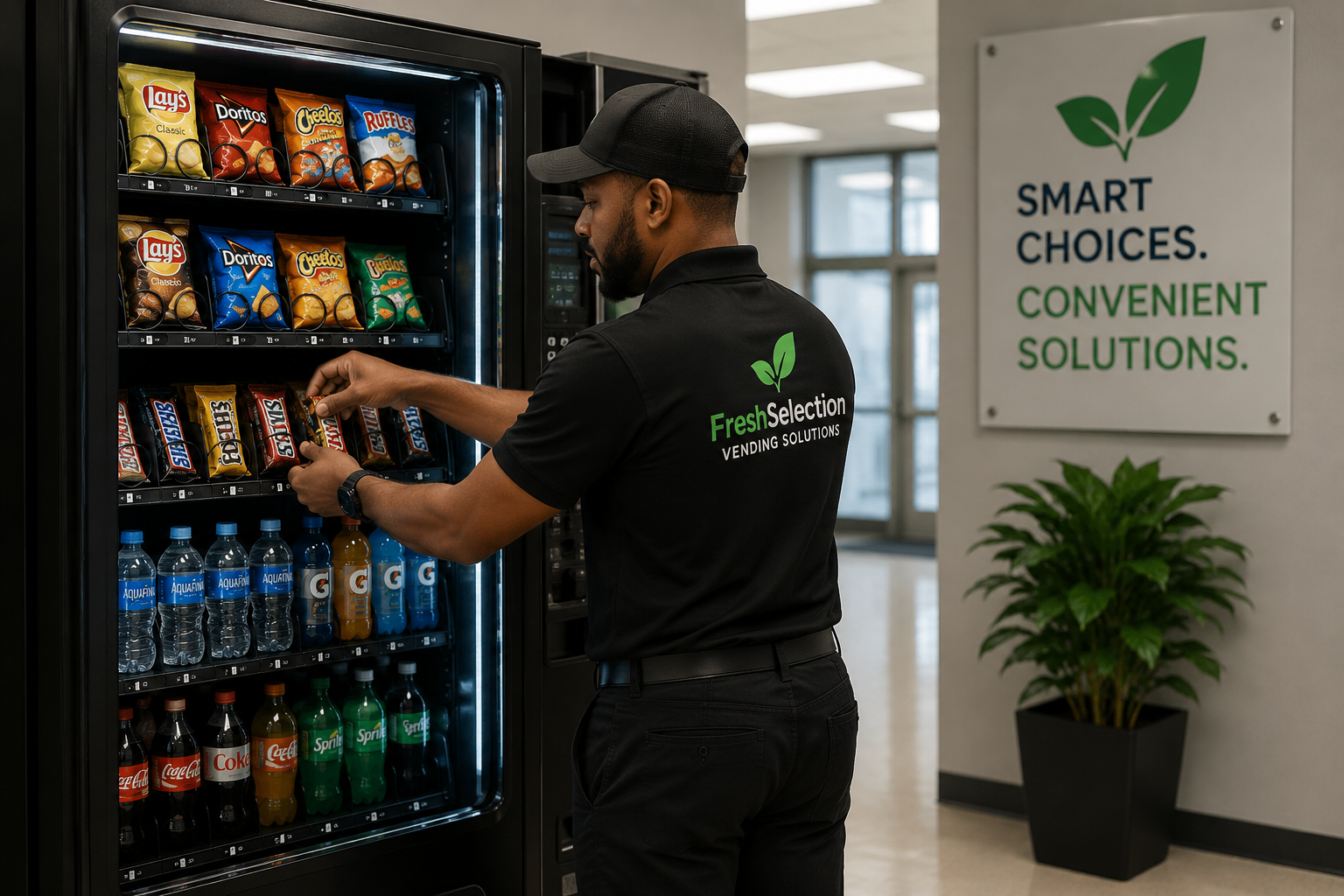 Vending service technician restocking a vending machine.