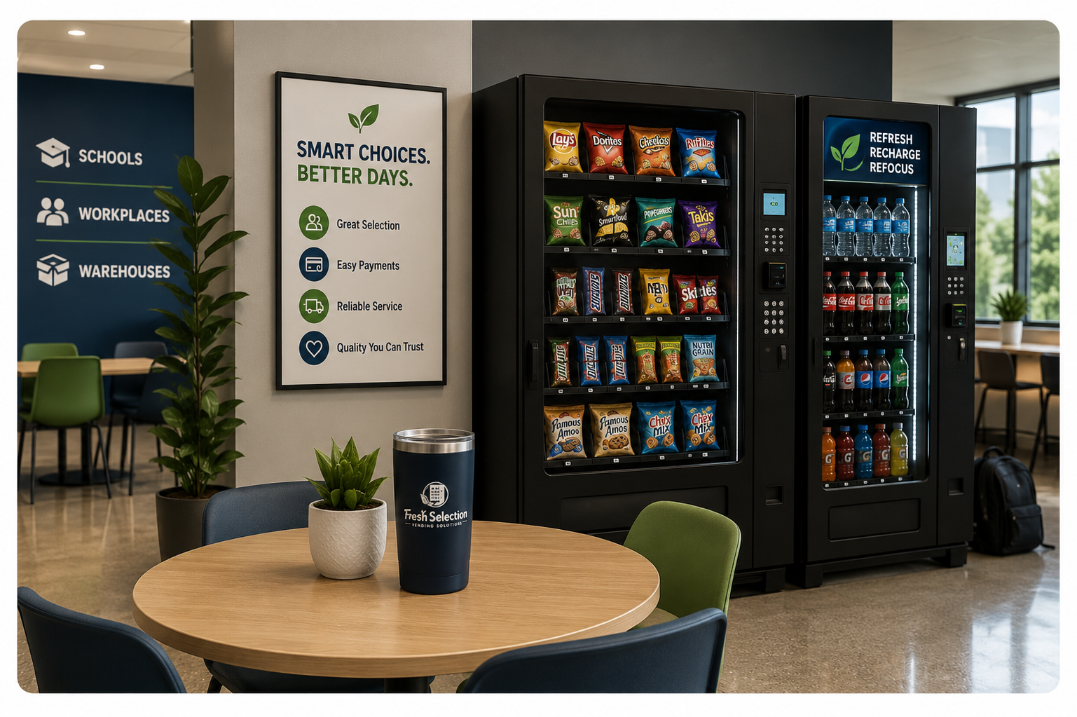 Vending machines in a modern workplace breakroom.