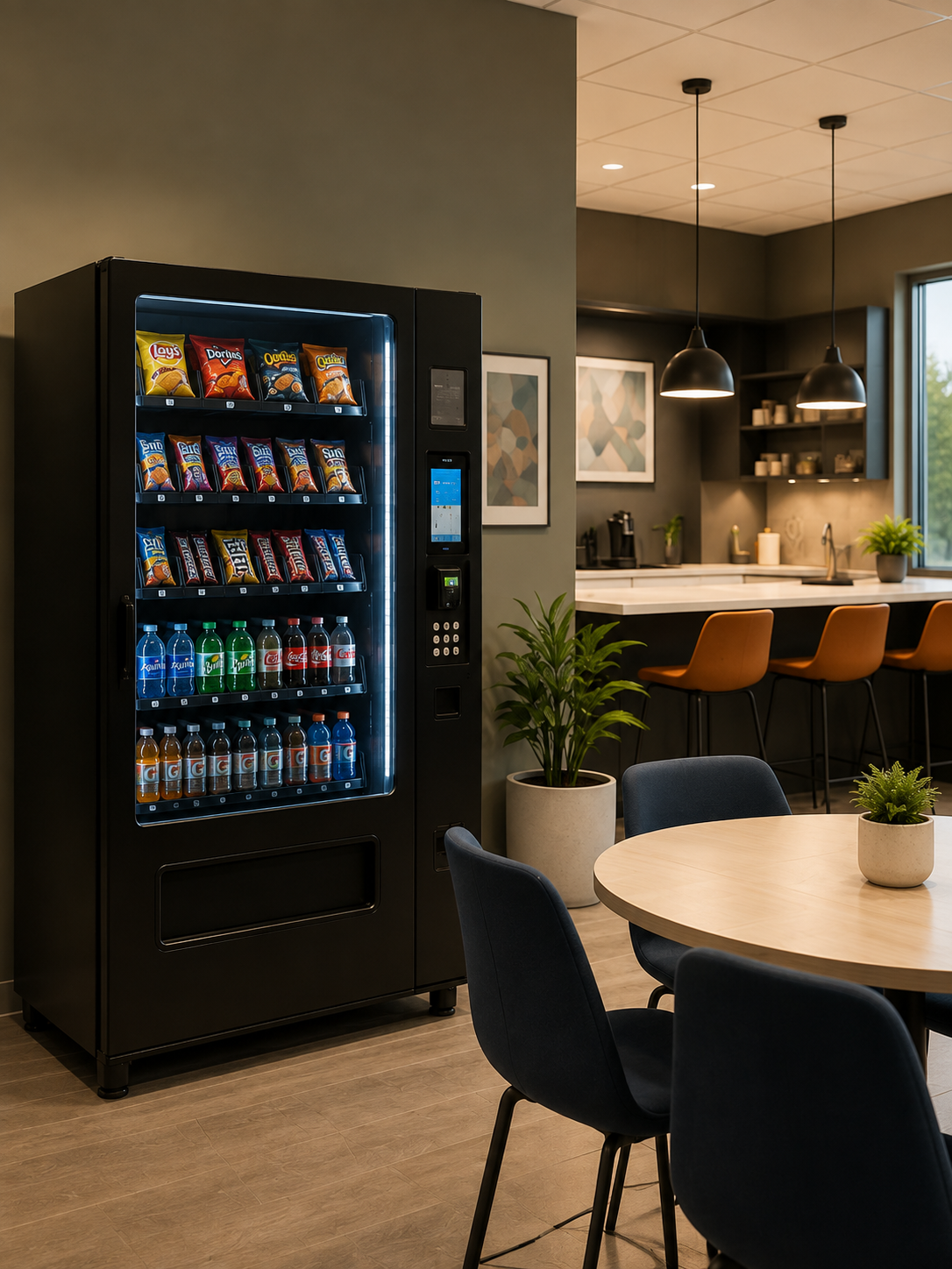 Vending machine in a modern workplace breakroom.