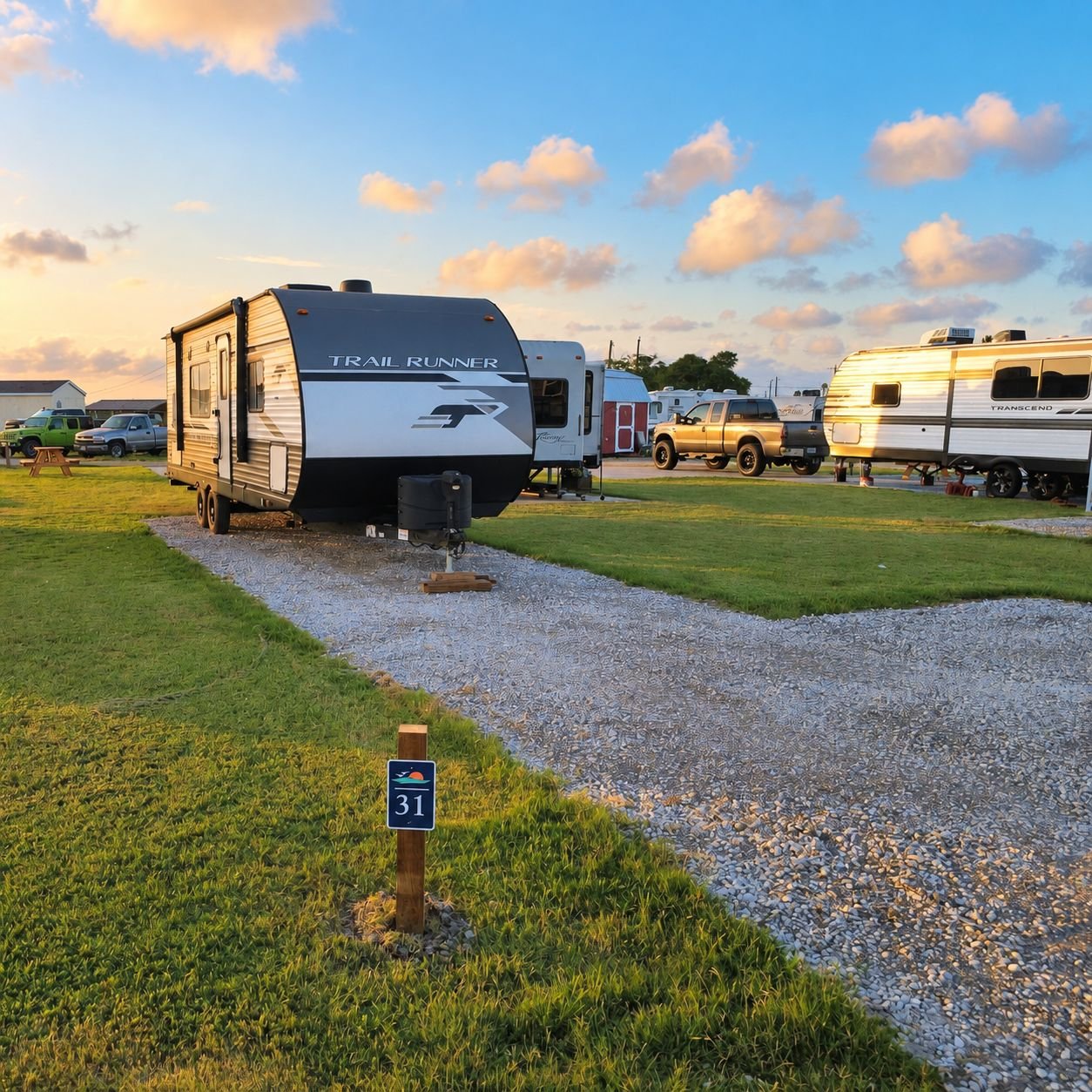 massive gravel rv campsite over 60 feet long at the Hideaway in Rockport Texas, a highly rated veteran owned rv park on the Texas Coast