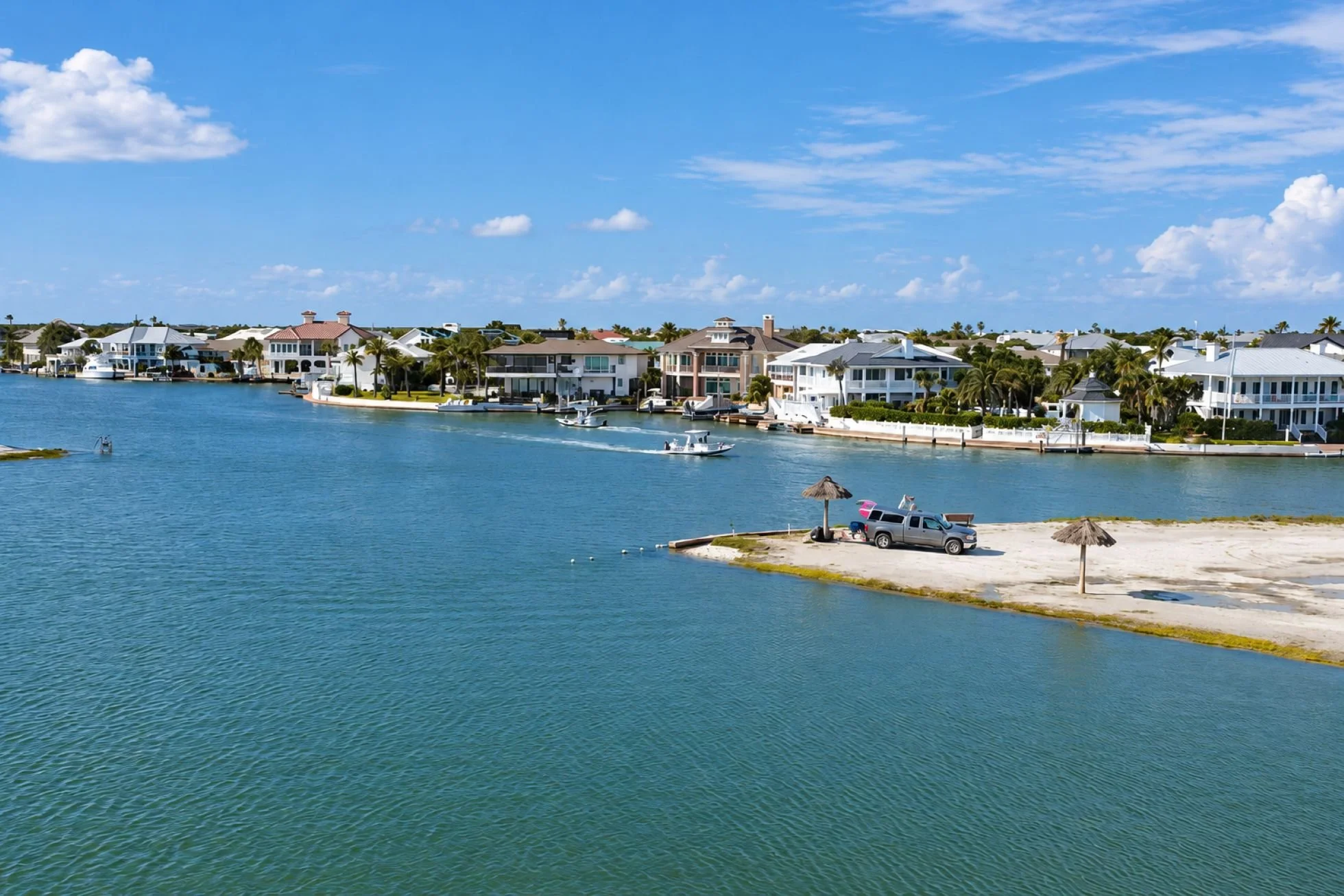 Boat in downtown Rockport TX channel near Rockport Beach, 4 miles from RV park and campground with boat parking at The Hideaway RV Retreat.
