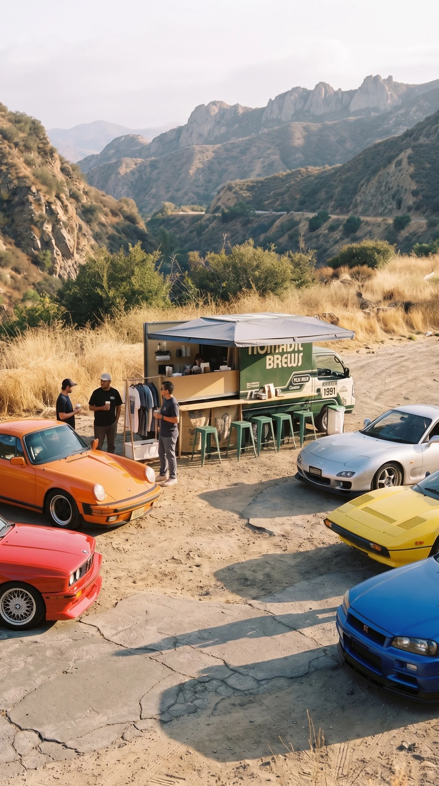 A desert scene with a small coffee stand on wheels labeled 'Homade Brews,' surrounded by classic sports cars of various colors, including orange, pink, yellow, blue, silver, and black, with mountains in the background.