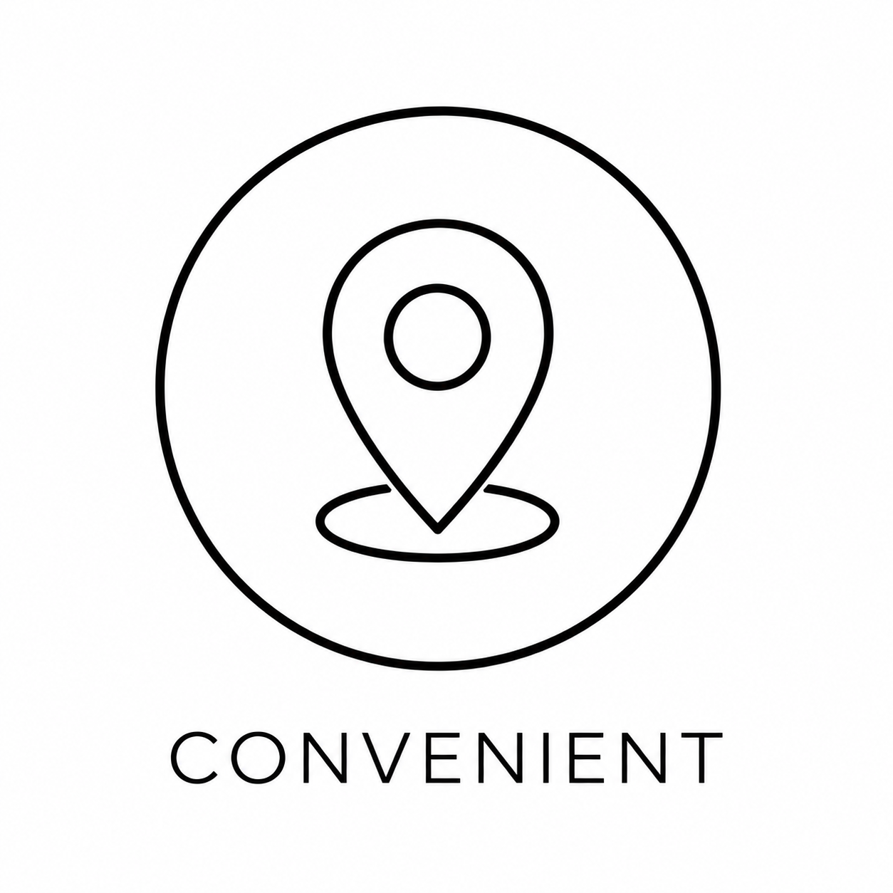 A black and white icon of a location pin inside a circle with the word 'CONVENIENT' beneath it.