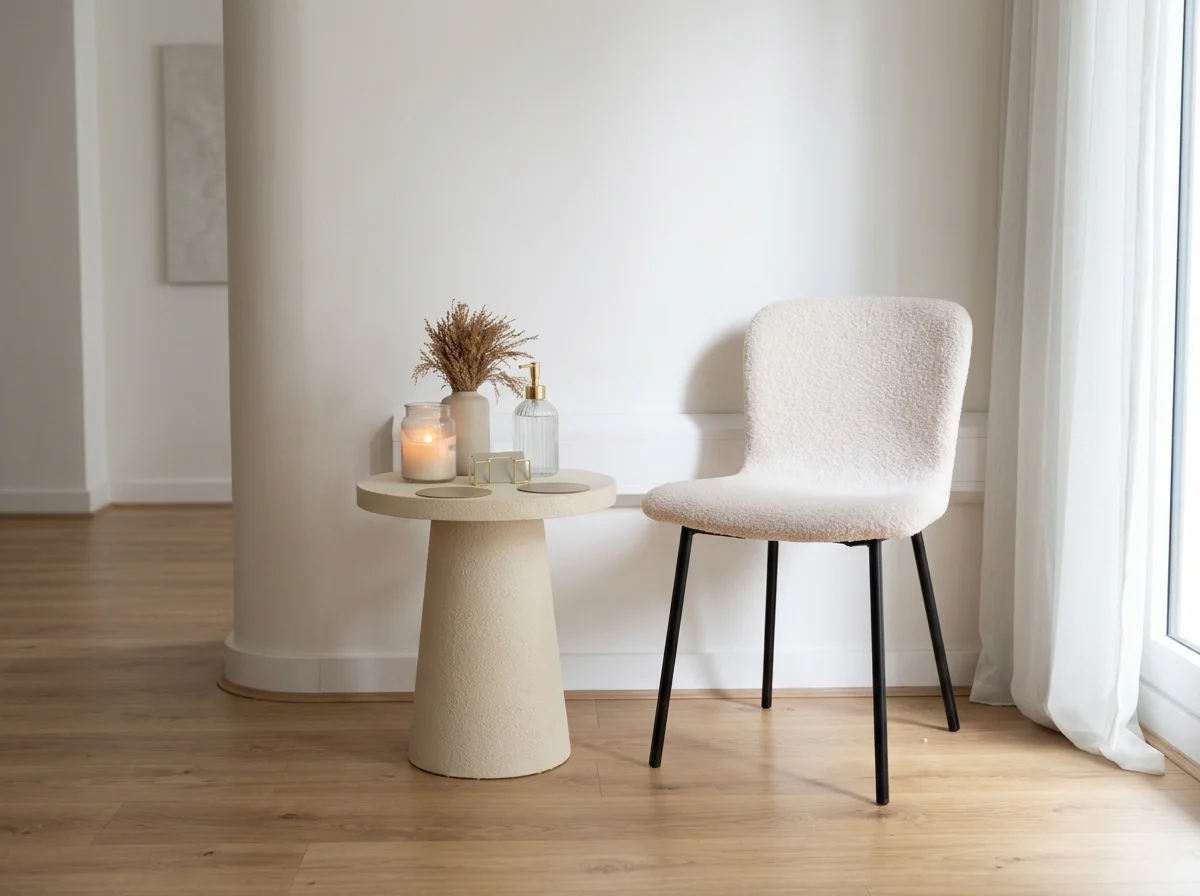 A cozy corner with a white upholstered chair, a small round cream-colored side table with decorative items including a dried flower arrangement, a candle, a glass bottle with a pump dispenser, and a pair of earrings. Light curtains and wooden flooring are visible.