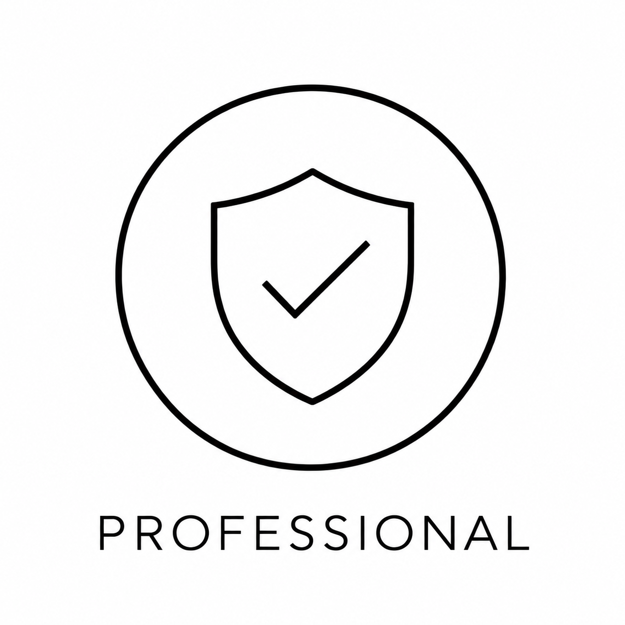 Black outline icon of a shield with a checkmark inside, encircled by a larger circle, with the word "PROFESSIONAL" written below.