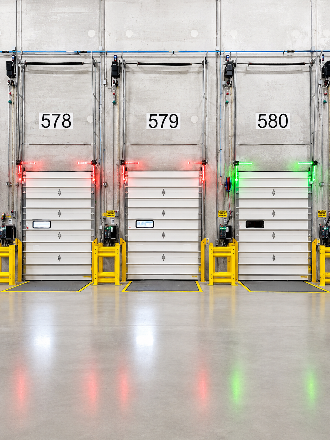 Three loading dock doors numbered 578, 579, and 580 with yellow safety barriers and digital controls by each door. The doors are in a warehouse, with the middle door showing red and green lights.